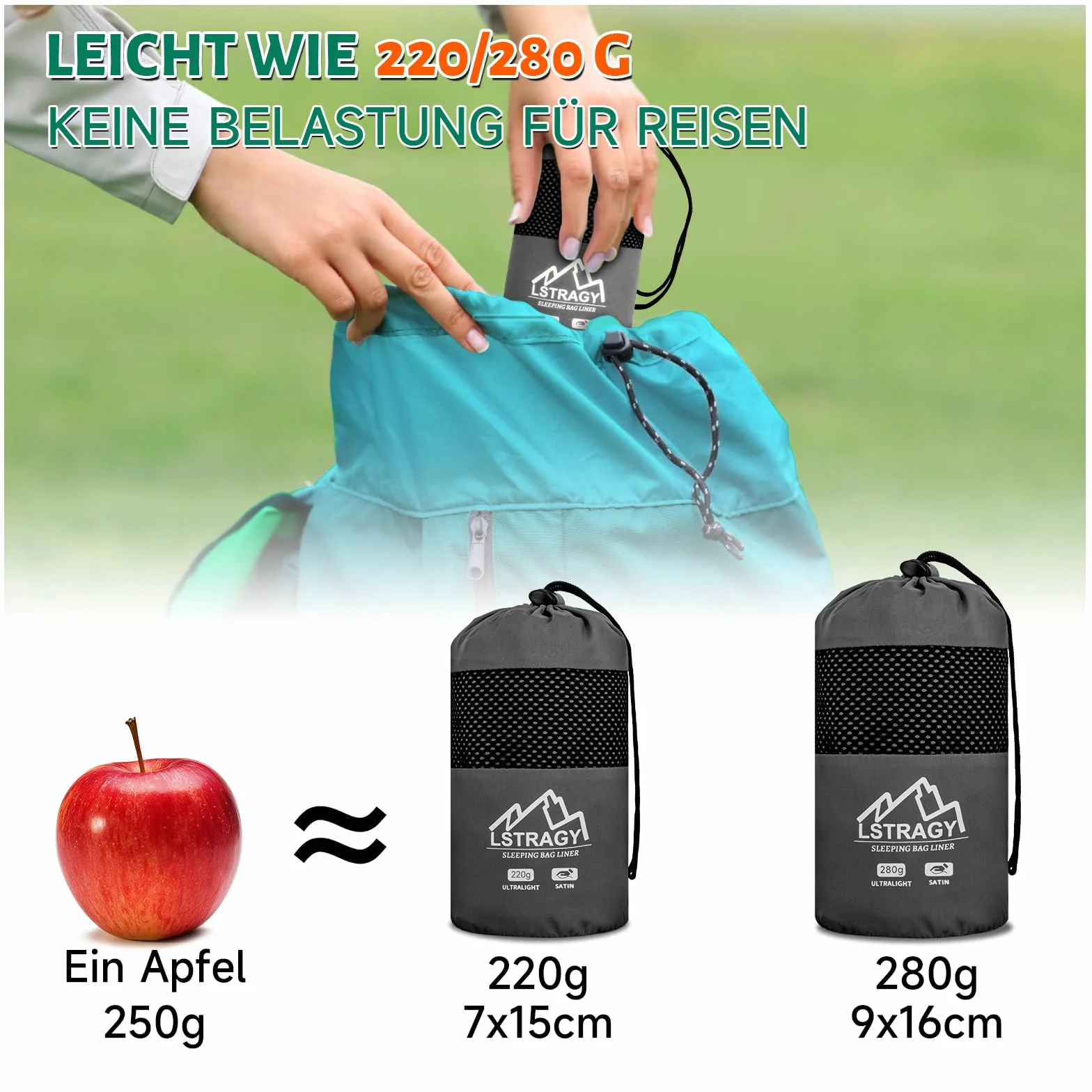 Sac de Couchage ultraléger en Satin, 220g/280g Sac a Viande Couchage Fin avec Fermeture éclair à Double Sens, Sac de Voyage idéal pour Les auberges de Jeunesse et la randonnée