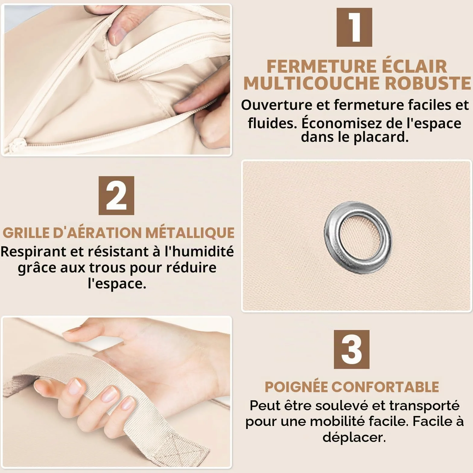 Lot de 2 Organisateur Auto-compression Ultra Peu Encombrants, Sacs de Rangement pour Couettes, Sac de Compression Voyage Empilable, Grand Sac de Rangement Mobiles pour Couvertures(Beige,52x42x60CM)