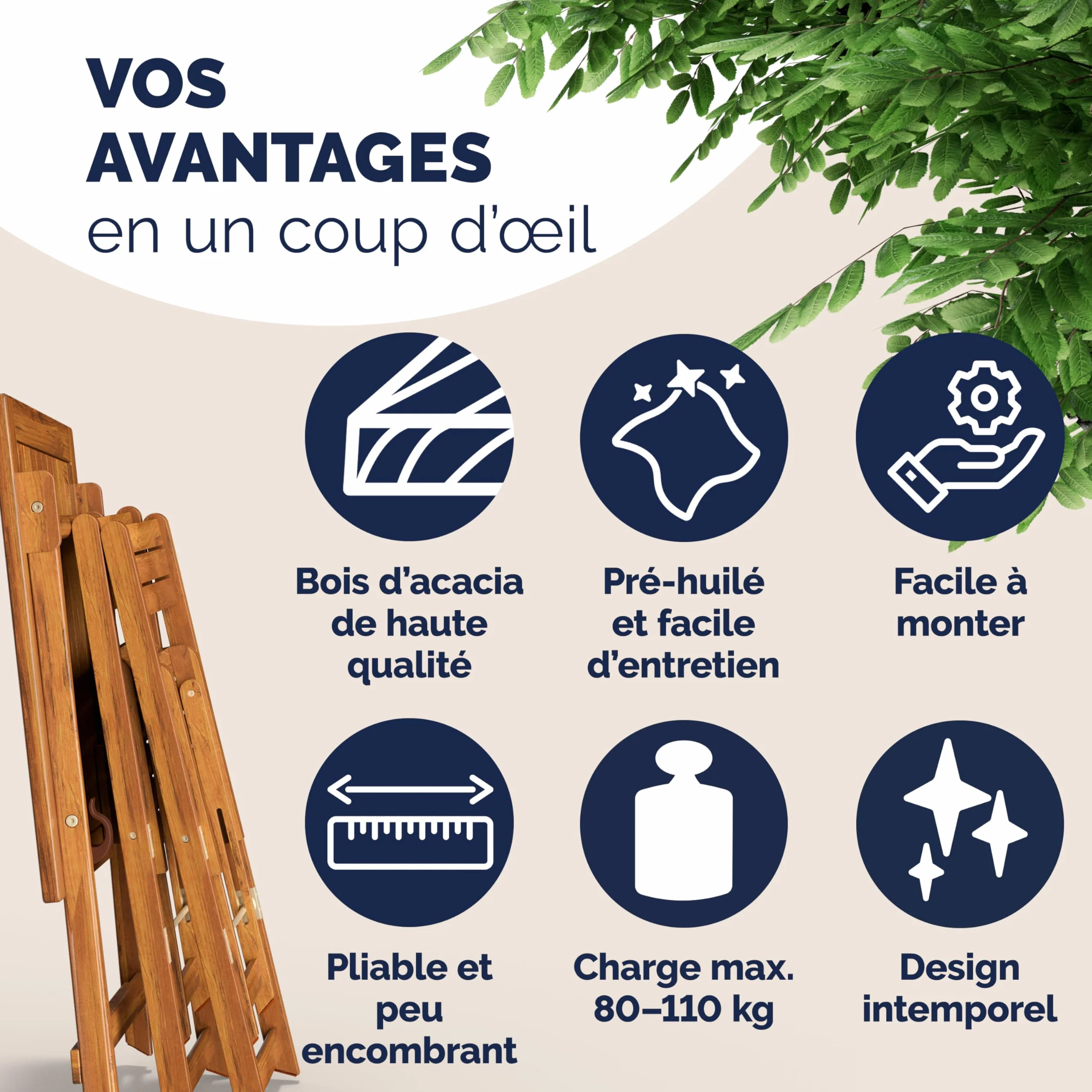 Casaria Salon De Jardin Pliable Bois D'acacia Table et 2 Chaises Résistant Aux Intempéries