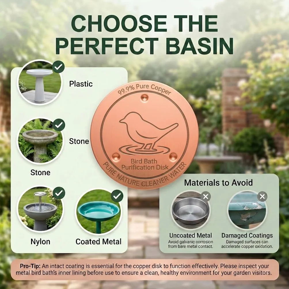 Plaque de Nettoyage en Cuivre Pur 99,99% pour Bain d'Oiseaux, Purification d'Eau sans Produits Chimiques