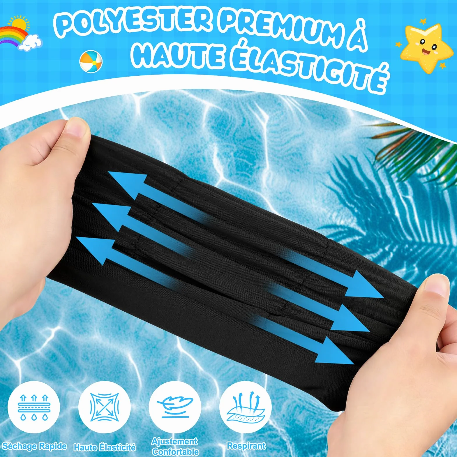 Kiiwah 2 Pièces Bonnet de Bain Enfant, Bonnet de Piscine en Tissu Plissé Extensible pour Cheveux Longs et Courts