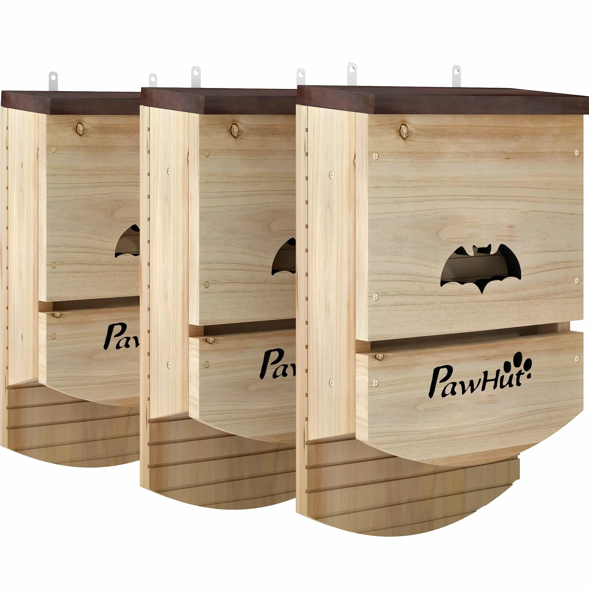 PawHut Lot de 3 Nichoirs Chauve Souris en Bois avec Plateforme Rainurée, 23 x 9,5 x 36,5 cm