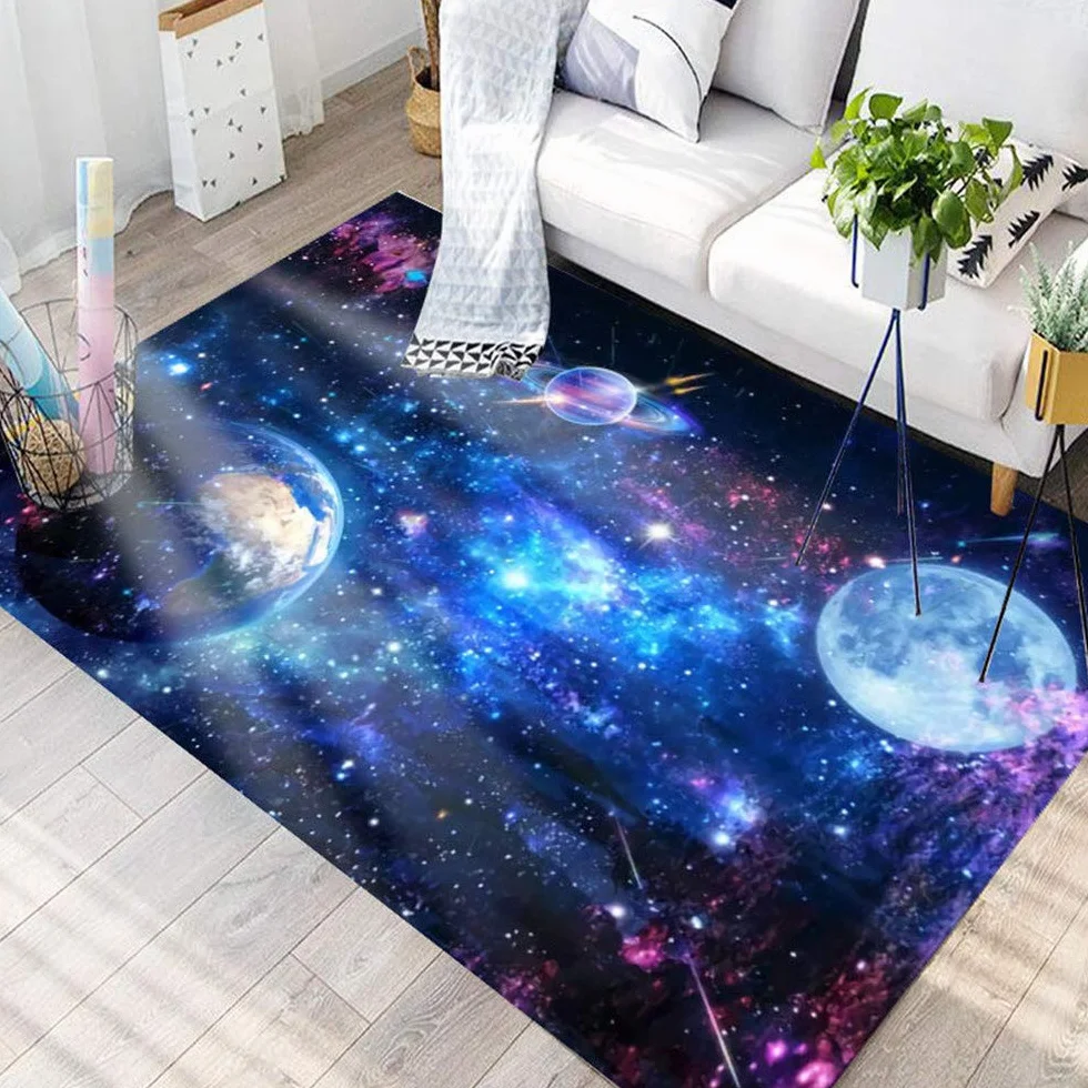 Tapis Star Galaxie Univers Motif Antidérapant Salon Chambre Carre Bleu Noir Lavable 80x120 cm
