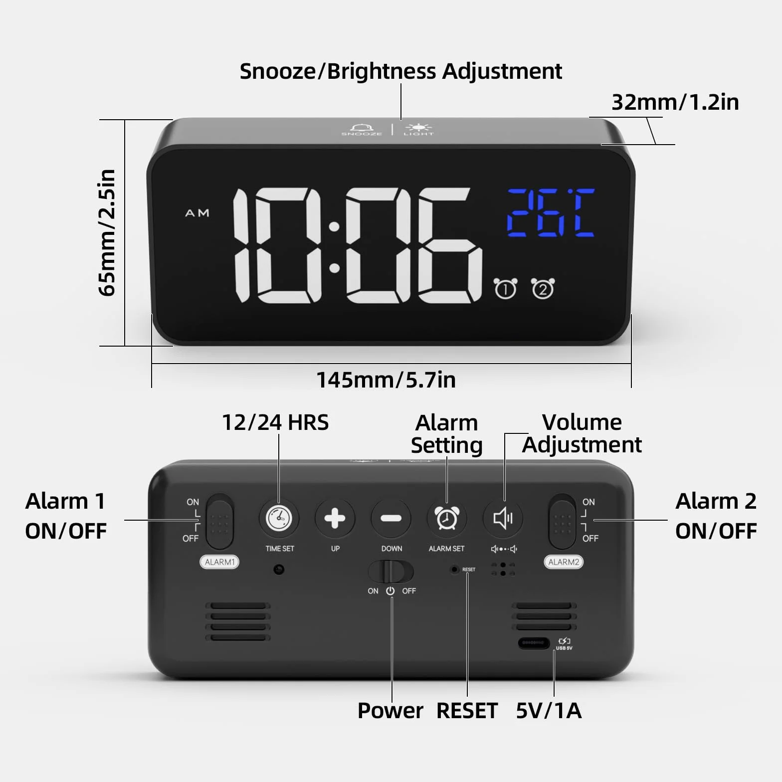 LATEC Réveil Numérique LED avec Snooze et Chargeur USB Noir