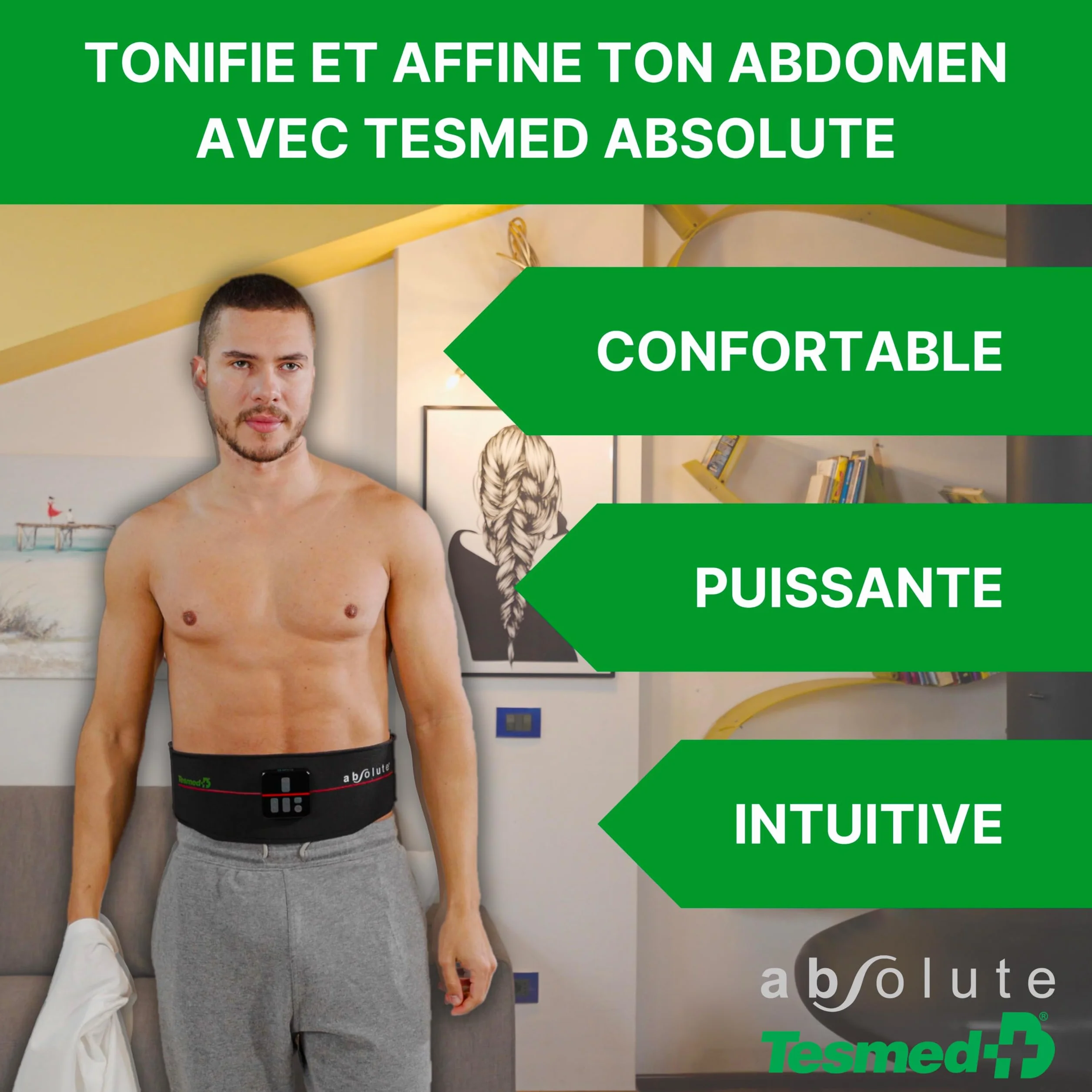 TESMED Absolute Ceinture Abdominale, entraînement Abdominal EMS, electrostimulateur Musculaire Bado centraux et latéraux, Unisexe, Rechargeable, Made in Italy