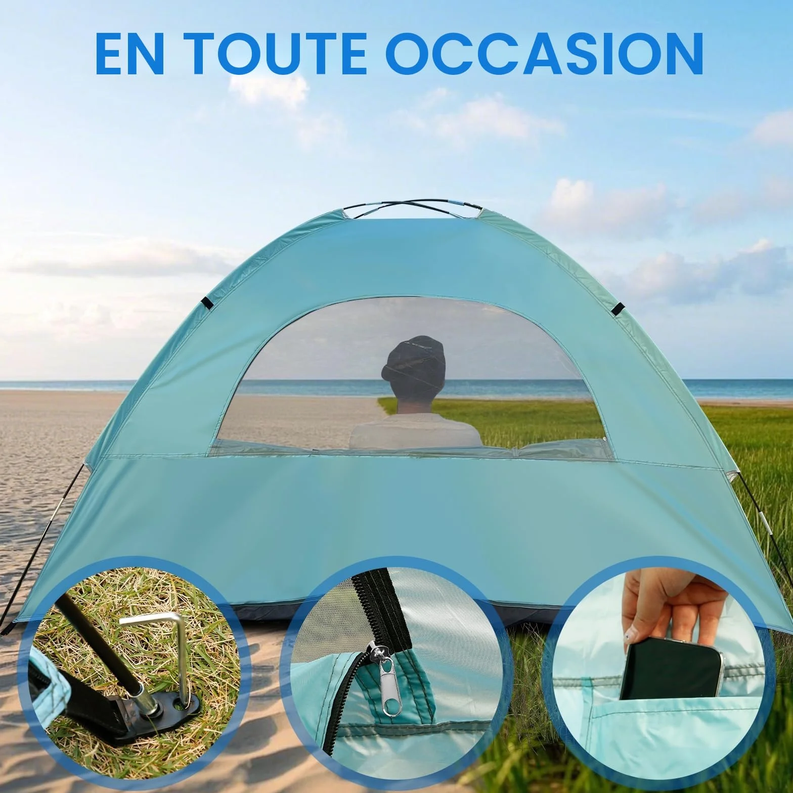 Tente de plage JAICOM pour 2 à 3 personnes, avec protection UV UPF 50+, légère, montage rapide, fenêtres aérées, famille, plage, jardin, camping