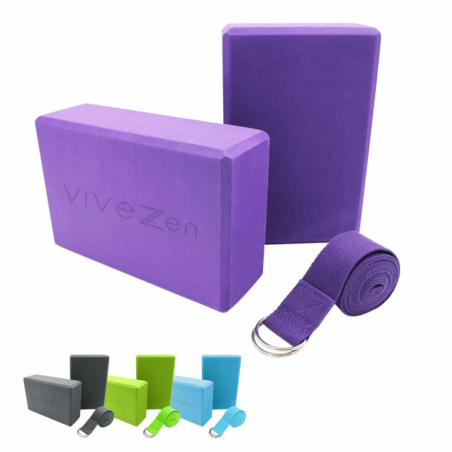 Vivezen - Lot de 2 briques de yoga 23 x 15 x 7,5 cm et sangle de yoga 183 x 3,8 cm - EVA - 4 coloris