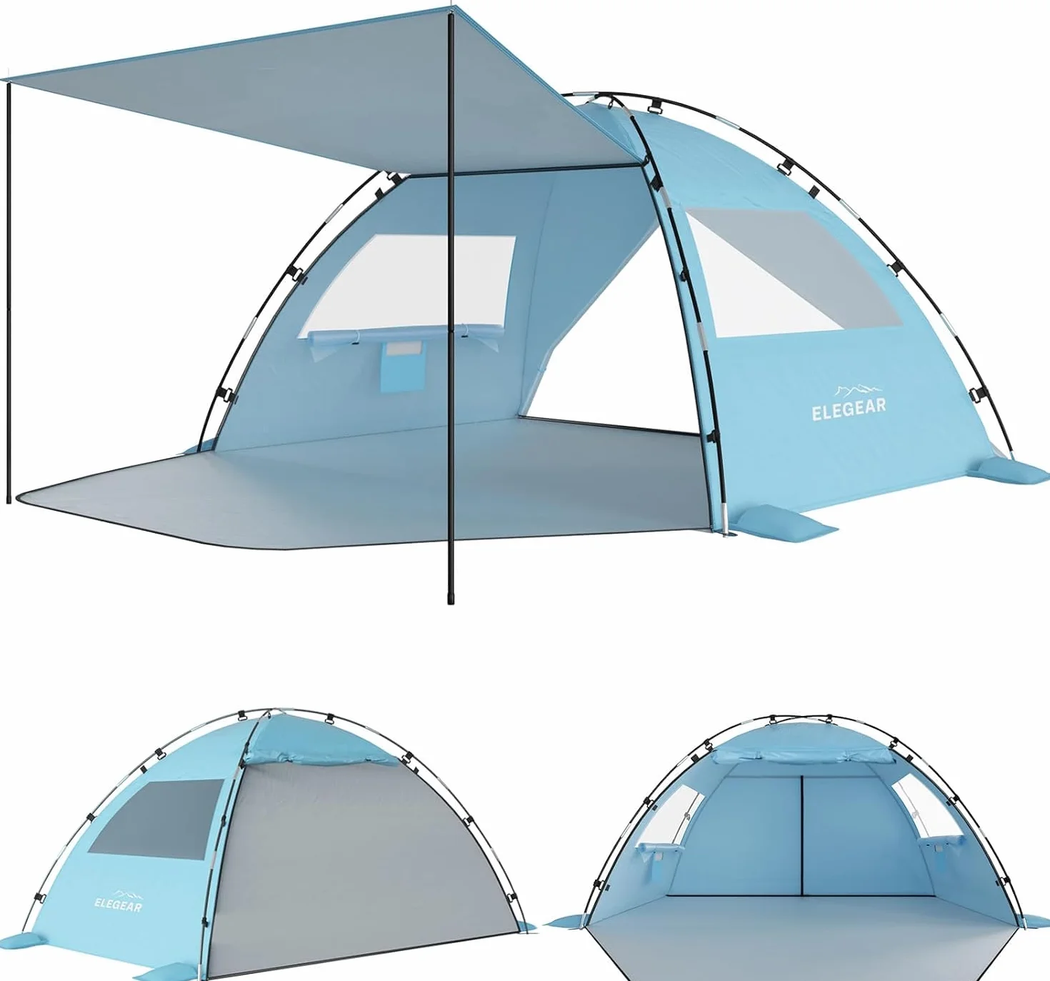 Elegear Tente de Plage Anti UV UPF 50+, Tente de Camping Famille avec Auvent pour 6-7 Personnes Ultralight Portable Abri de Plage avec Sac de Transport pour Extérieure Parc Pêche, 260*165*150CM, Bleu