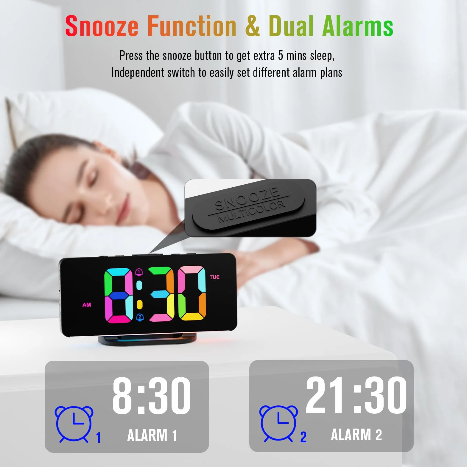 CHEREEKI Réveil Numérique 2 Alarmes Snooze 10 Modes Éclairage Nocturne RGB LED 11 Couleurs Port USB Jour Semaine