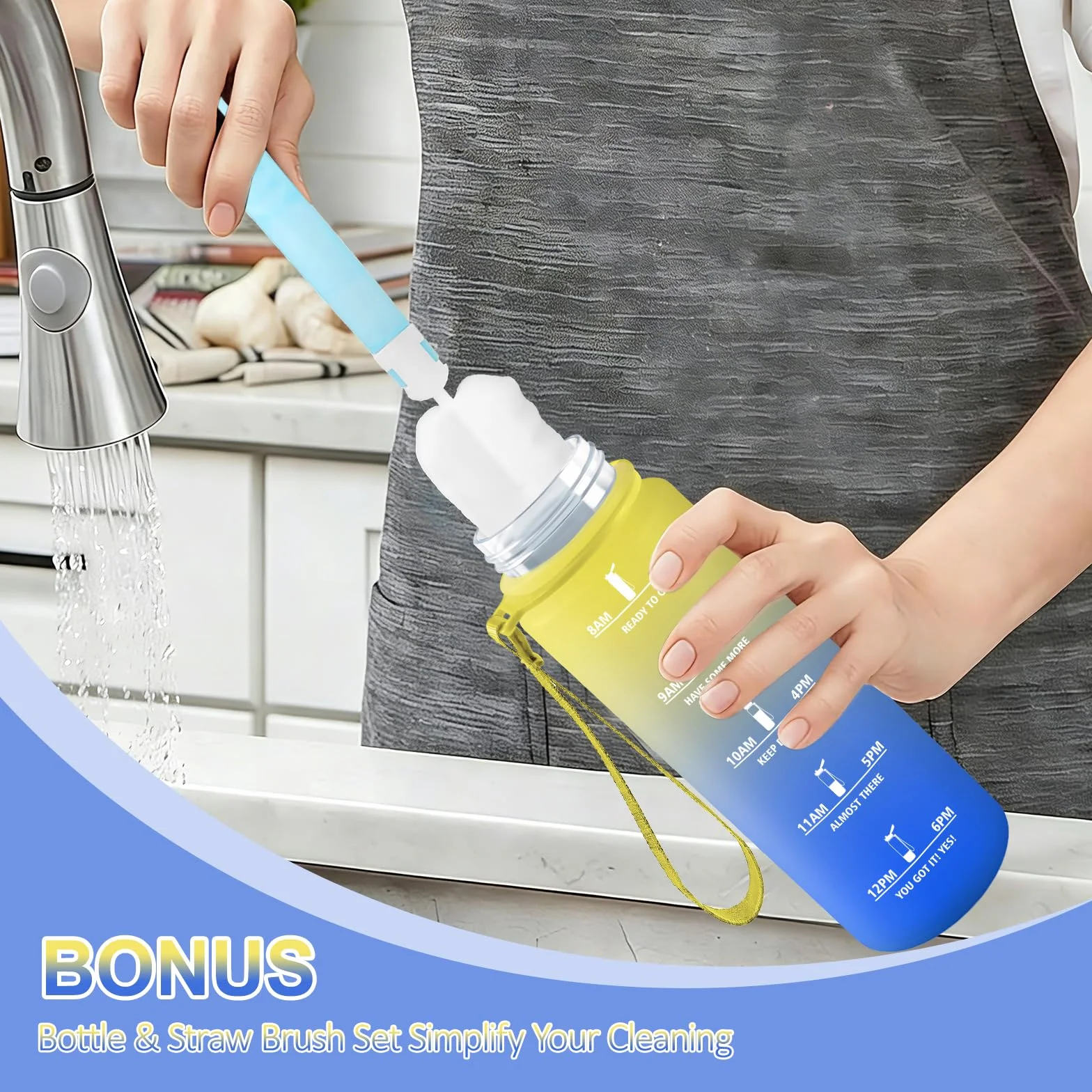 Gourde 1l, Gourde Sport, Facile à Nettoyer, Bouteille avec Verrou de Sécurité, Bouteille d'eau Avec Spazzolare, Bouteille Plastique avec Marqueur de Temps, pour Running, École, Sport, Bureau