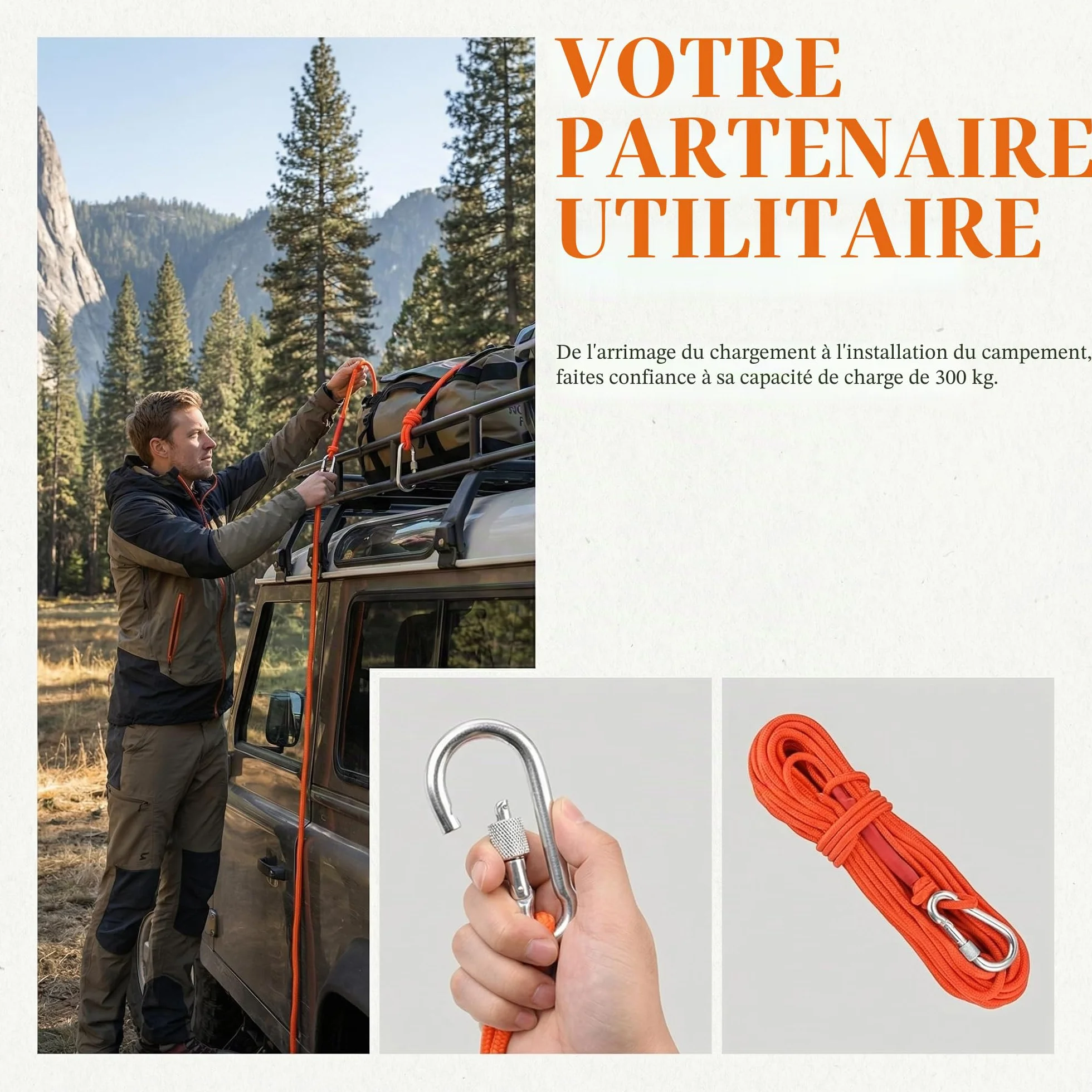 Corde Tressée Polypropylène avec Mousqueton Anti-Corrosion pour Escalade Pêche Alpinisme