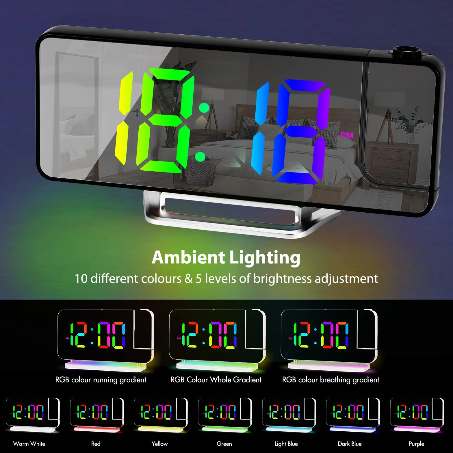 Réveil Projecteur LED 8,1" RGB, Projection Rotative 180°, Double Alarme 12/24H, Recharge USB
