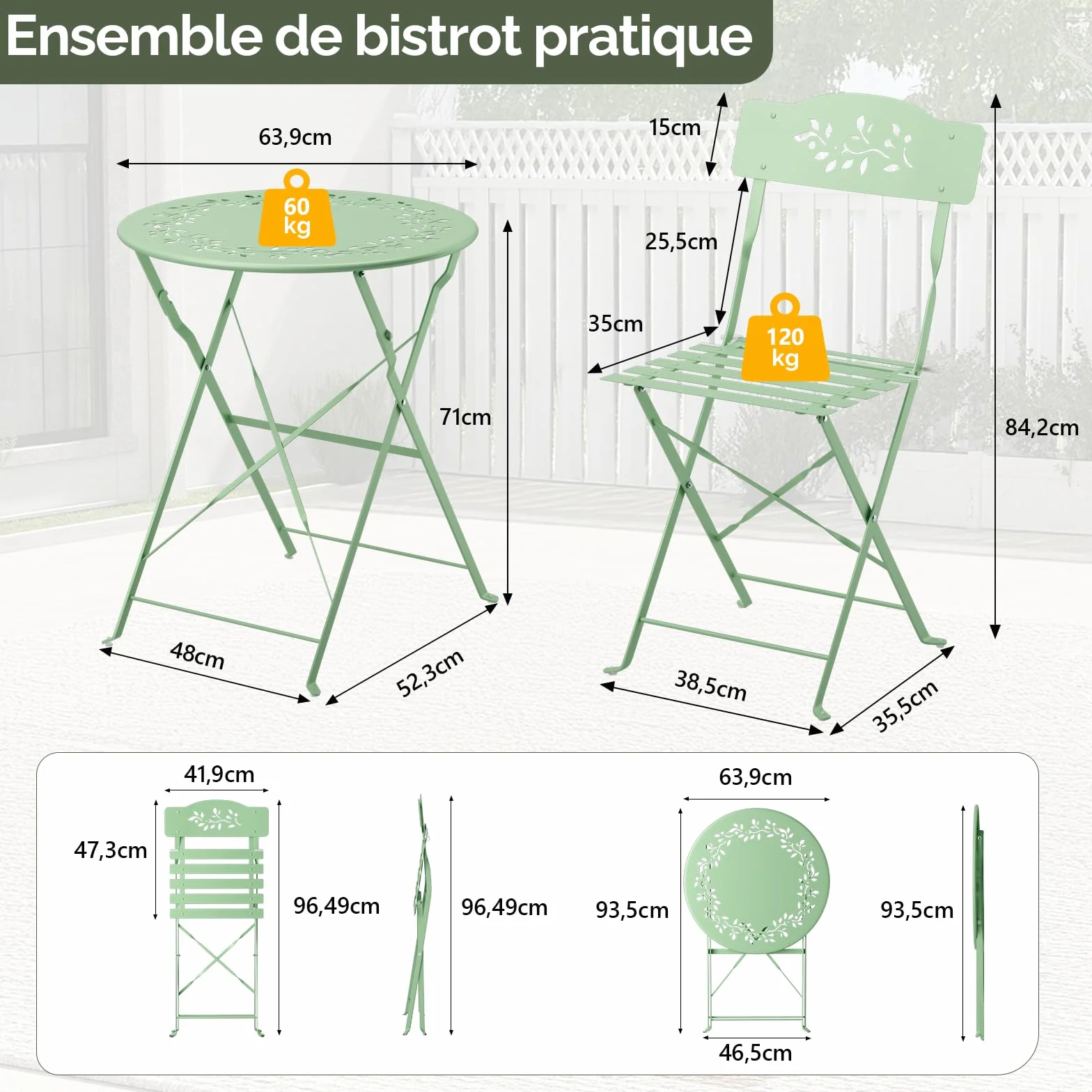 Bonnlo Set de Bistrot Pliant 3 Pièces Table et Chaise de Jardin Exterieur Vert Clair