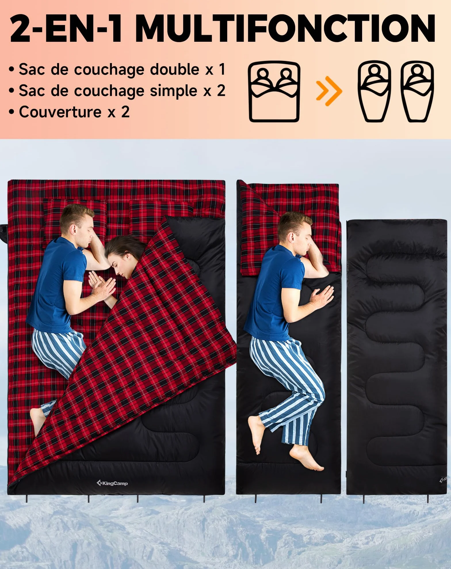 KingCamp Sac de Couchage Double 220x150cm avec 2 Oreillers pour Camping