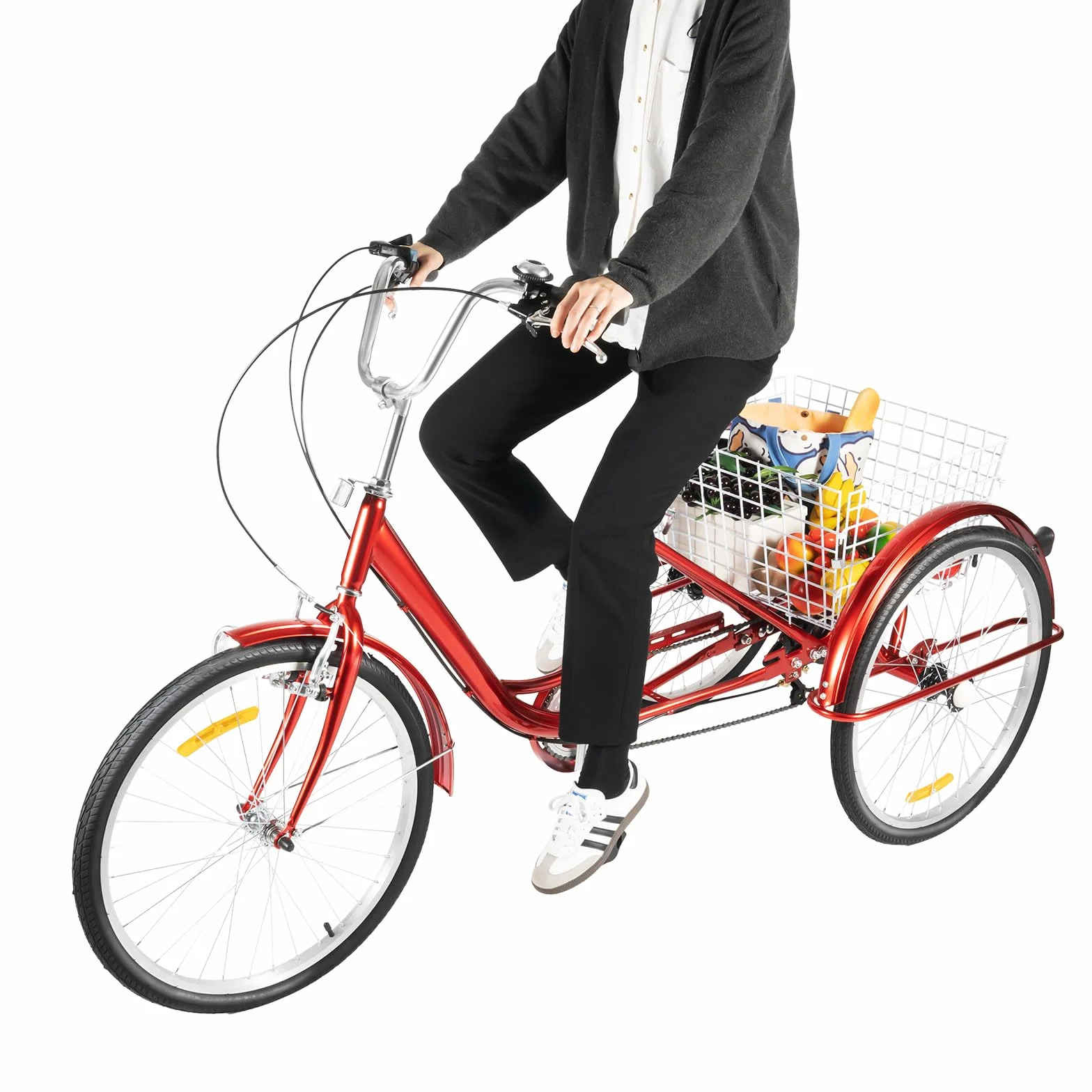 Tricycle 24 pouces 6 vitesses pour adultes avec lumière et panier à provisions, vélo cruiser à 3 roues, vélo de courses, tricycle adulte, siège réglable pour adultes, personnes âgées, sports de plein