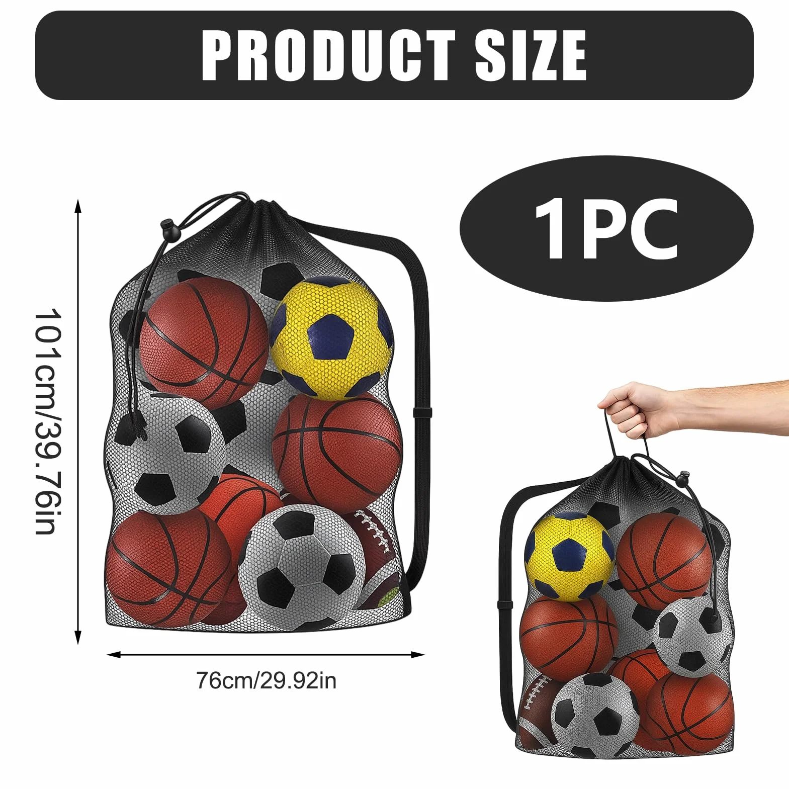 Ruvan Sac À Ballons De Foot, Filet De Football, Grand Capacité 10-12 Ballons, pour Basket-Ball Football Volley-Ball Sac Bandoulière Rangement des Équipements De Sport Plage, 101 * 76 CM, Noir