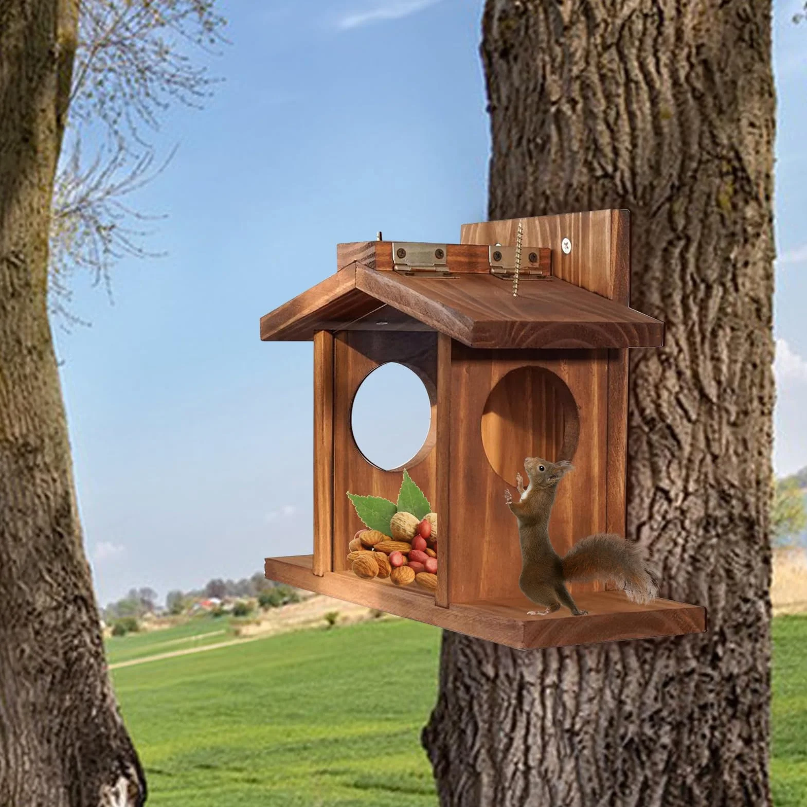 Maison d'écureuil extérieur avec toit amovible - Mangeoire durable pour écureuils et tamias, décoration de jardin