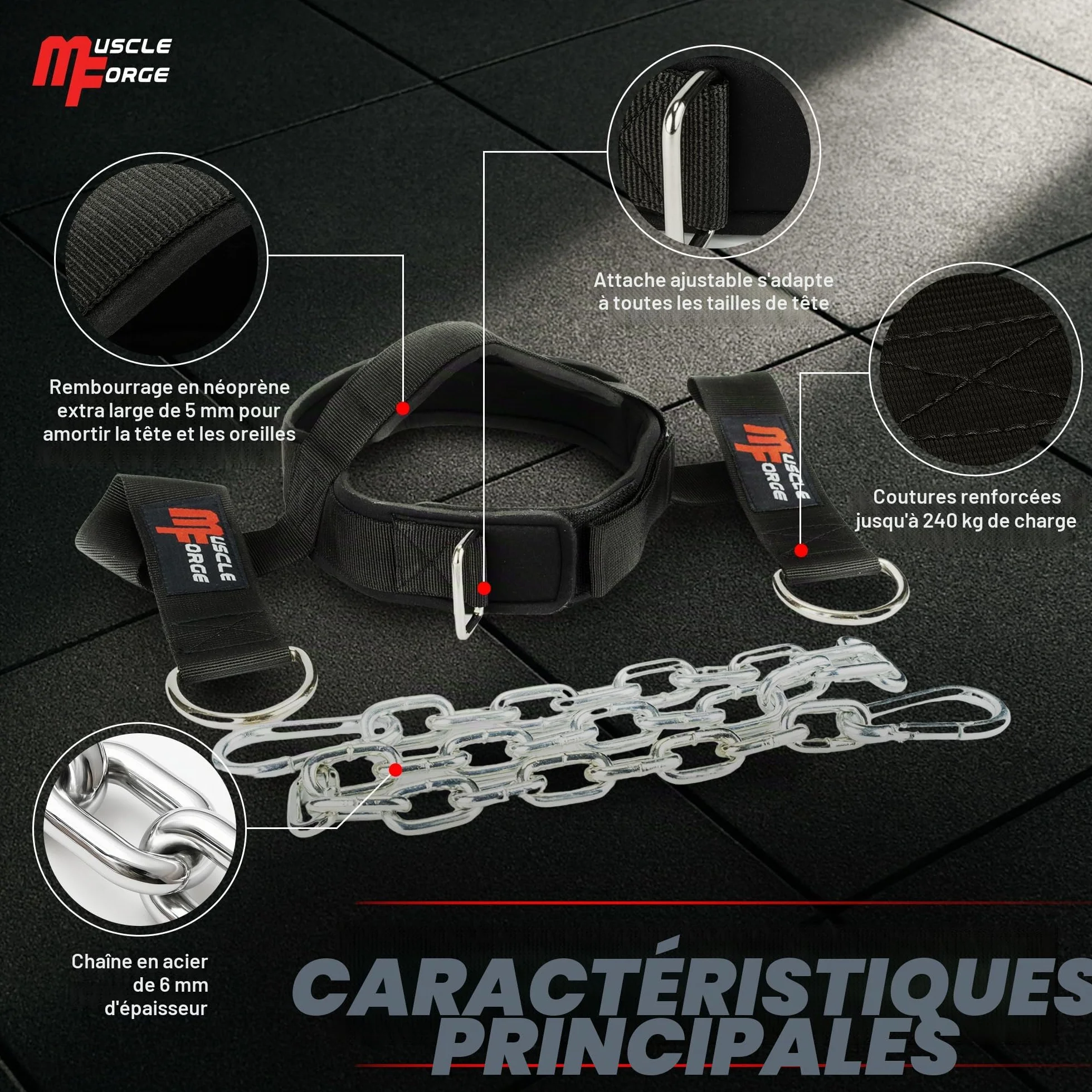 Harnais Cou Musculation 240 kg - Harnais Tête Néoprène Réglable avec Chaîne Acier - Neck Training Boxe MMA Lutte