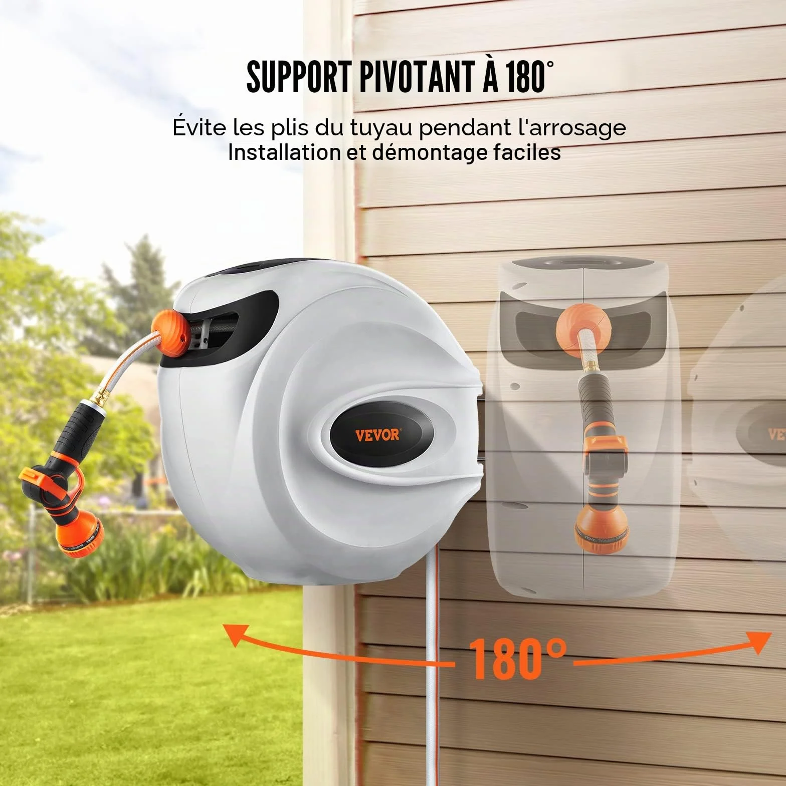 VEVOR Enrouleur Tuyau Arrosage Mural 20 m x 12 mm Support Pivotant 180° Dévidoir Tuyau Eau Buse 9 Modèles Rembobinage Auto