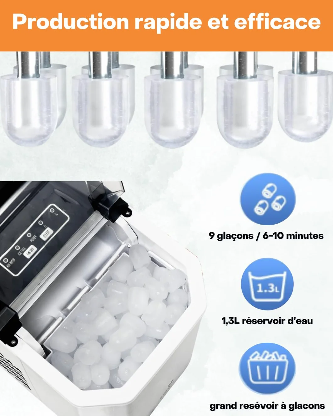 SENYA ICE COOL Machine à Glaçons Rapide 12kg/24h – 9 Glaçons en 6 à 13 min – 2 Tailles – Réservoir 1,3L – Auto-Nettoyante – Compacte et Portable