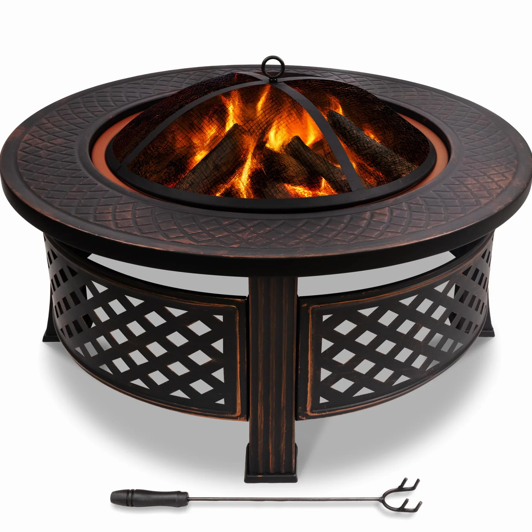 VOUNOT® Brasero Extérieur Ø81cm Métal Pare Étincelles Couvercle Tisonnier Chauffage Jardin Terrasse Foyer Rond Noir