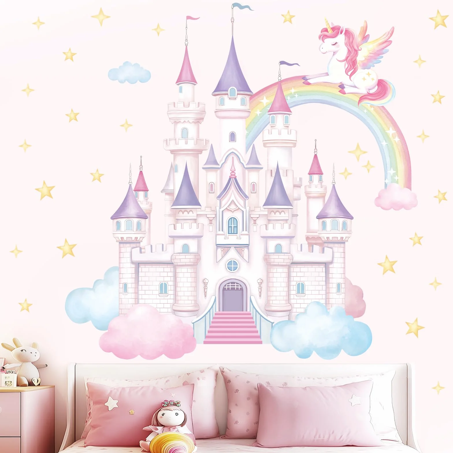 SHUCHING Stickers Muraux Châteaux Grands Licornes Arc-en-ciel Décoration Murale Chambre Enfants