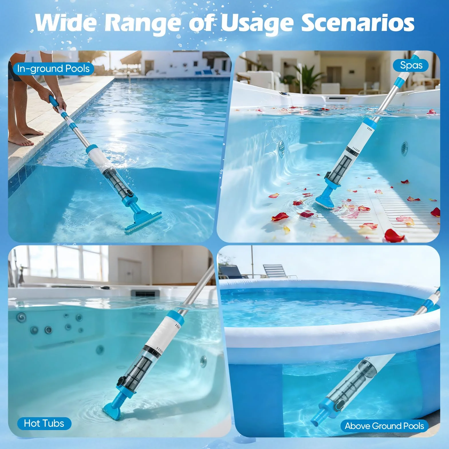 Aspirateur Piscine Rechargeable Nettoyeur avec Perche Télescopique 103.5–162.5cm Forte Aspiration 3 Têtes Piscines Hors‑Sol Enterrées Spas