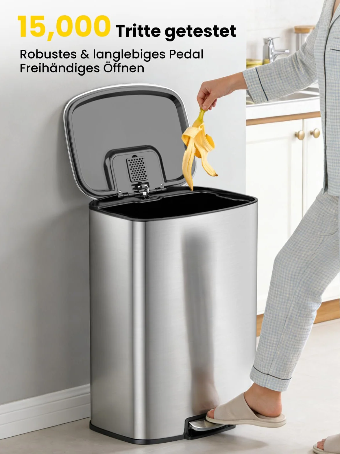 YEAUPE PRO Poubelle Cuisine 50L Inox Pédale Soft Close Silencieux Bac Amovible Anti-Odeurs
