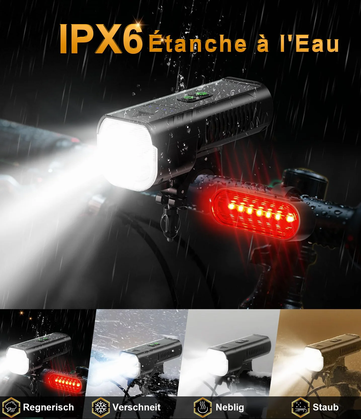 100% Super Lumiere Velo Avant et Arriere: 【Nouvelle Version 130% Plus Lumineuse】 4400mAh Lampe Velo 3+8 Modes Éclairage & IPX6 Étanche, Lampe Velo LED puissantes pour Camping Randonnée