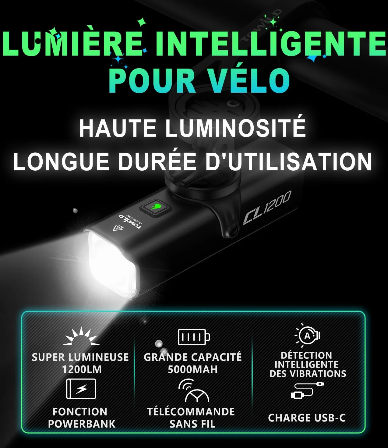 Éclairage Vélo 1200 Lumens - Phares de Cyclisme étanches IPX6 Lampe Velo Rechargeable 4000mAh, Lumière de vélo Intelligente pour Les trajets Quotidiens/VTT, Prend en Charge l'installation Inverse
