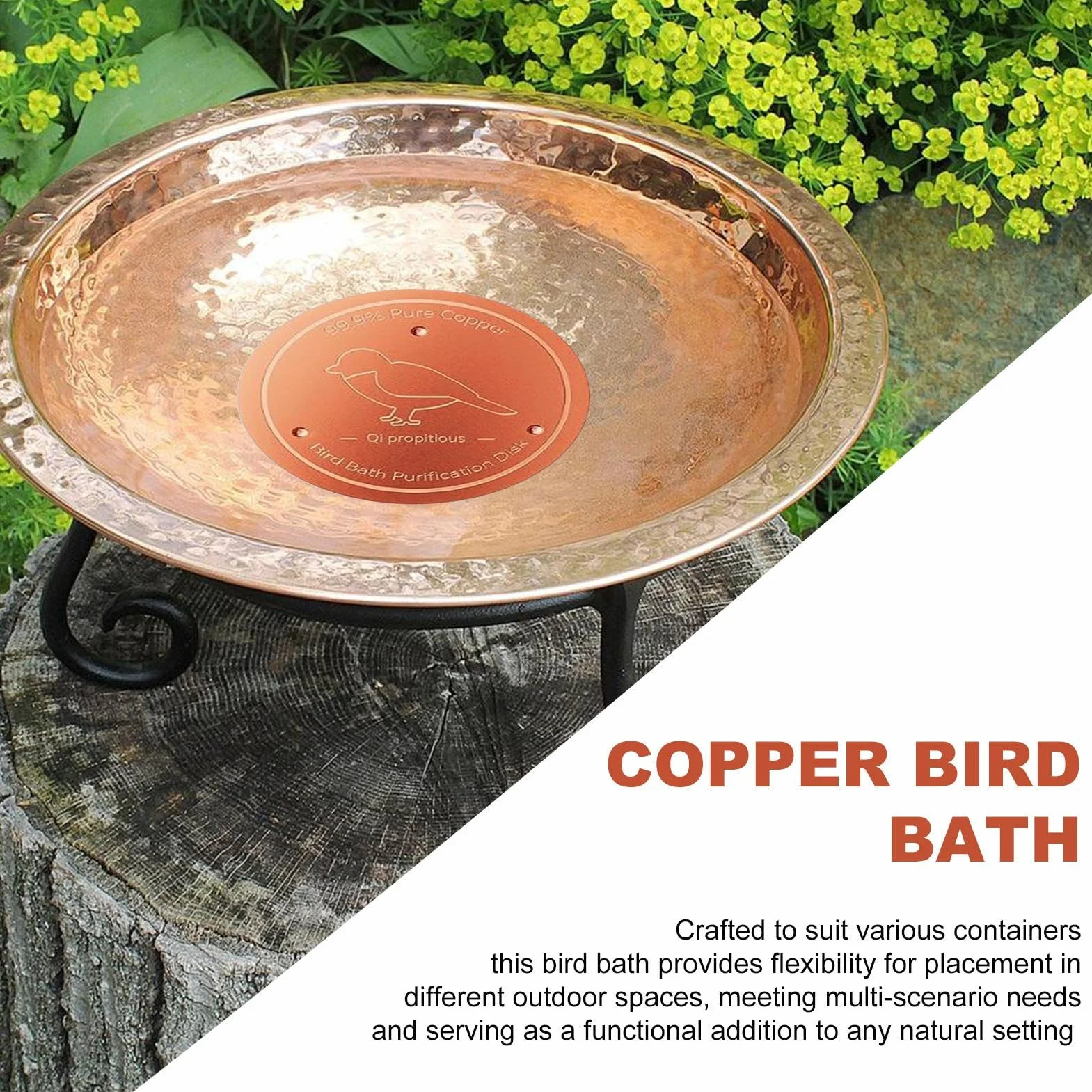 Copper Bird Bath, 3.94in Triple Point Support Design, All Season Water Purifier, Birdbath Bowl Accessory for Backyard Garden Patio