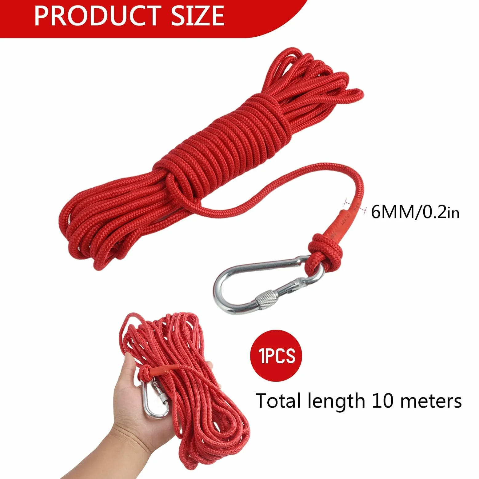 Corde de Bateau en PolypropylèNe De 6 mm, Longueur de 10 M, Flottante Et Hautement Visible en Rouge,pour Les Sports Nautiques,La PêChe Et La RandonnéE, Incluant Un Mousqueton en Acier Inoxydable