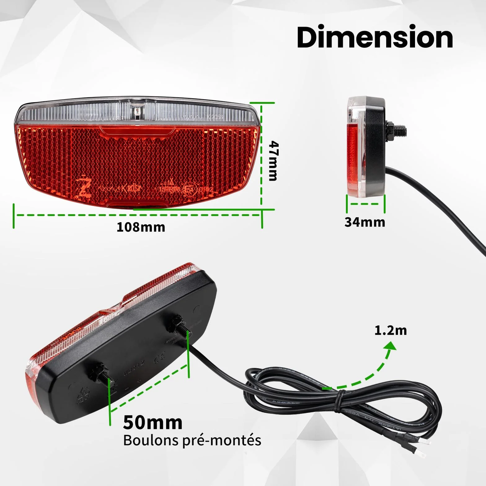 Feu arrière vélo COCOLUMEN LED 220-240° Large Faisceau, IPX4/5, 6-60V vélo électrique/vélo, StVZO