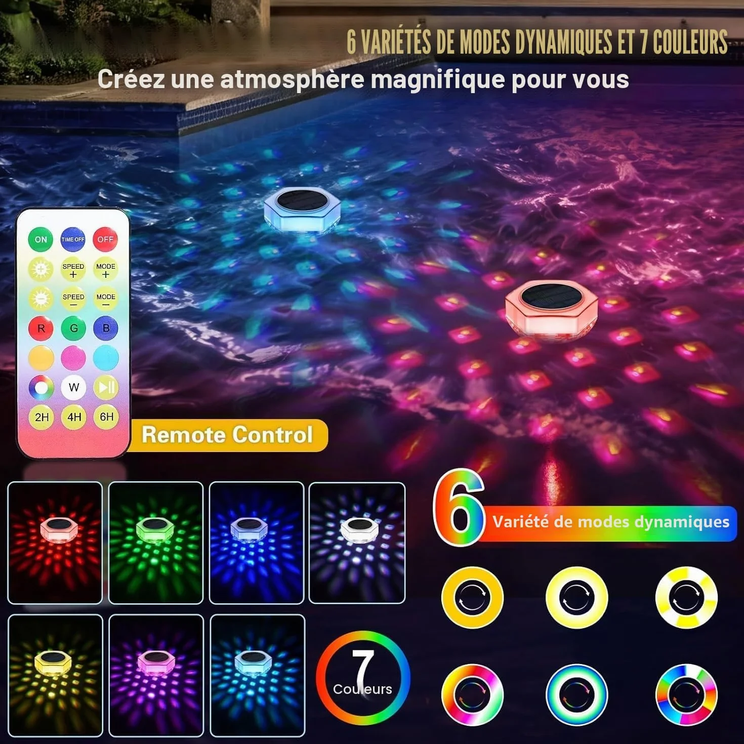 Lumiere Piscine Flottante Solaire 2 Pièces IP68 Étanche RGB 7 Couleurs avec Télécommande