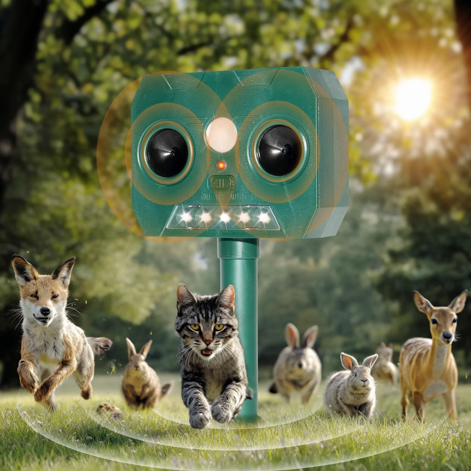 Repulsif Chat Exterieur Ultrason Solaire Impermeable IP45 12m 120° Effaroucheur Animaux Jardin LED