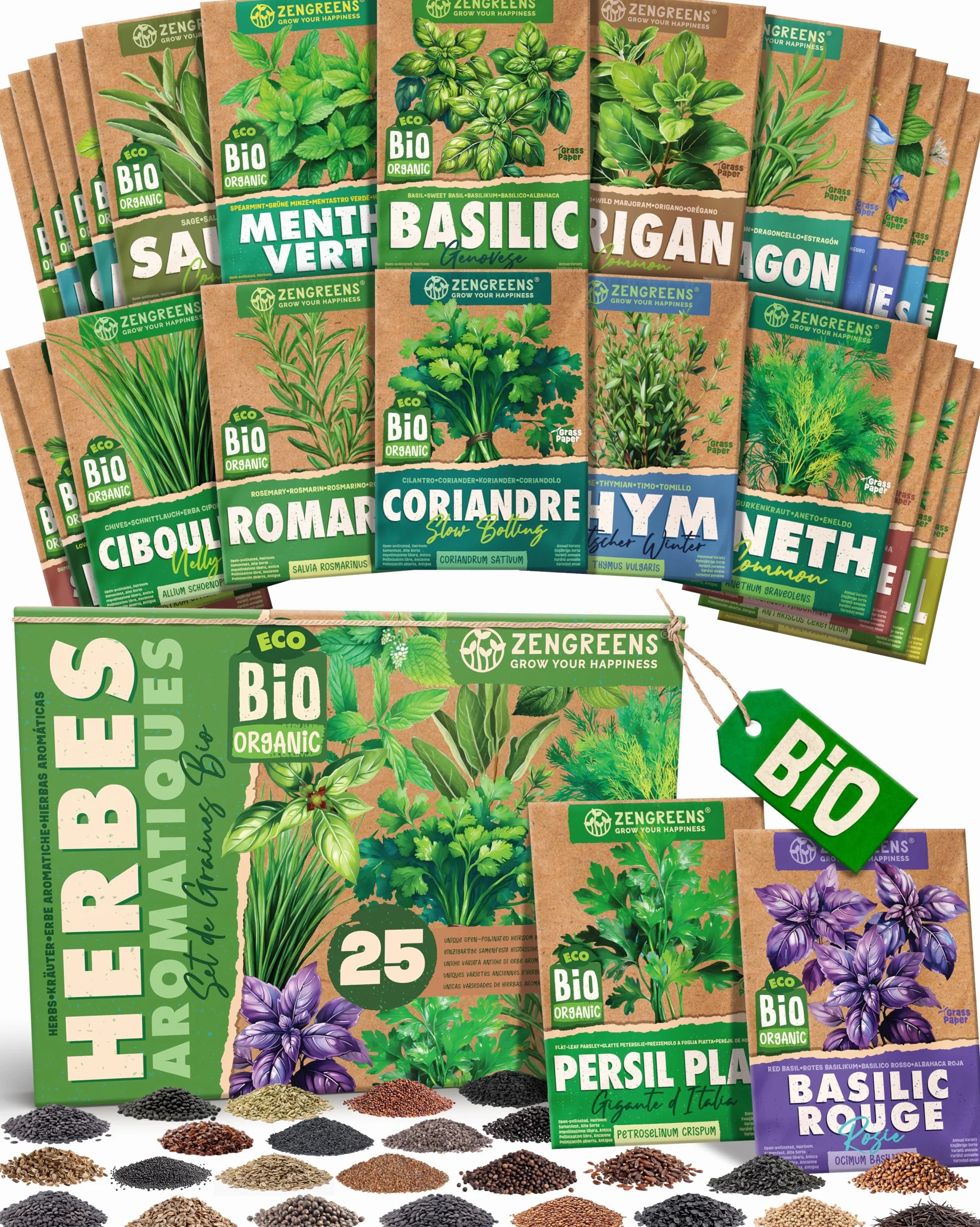 Kit de graines de herbes aromatiques bio 25 variétés ZenGreens® pour jardin balcon jardinière