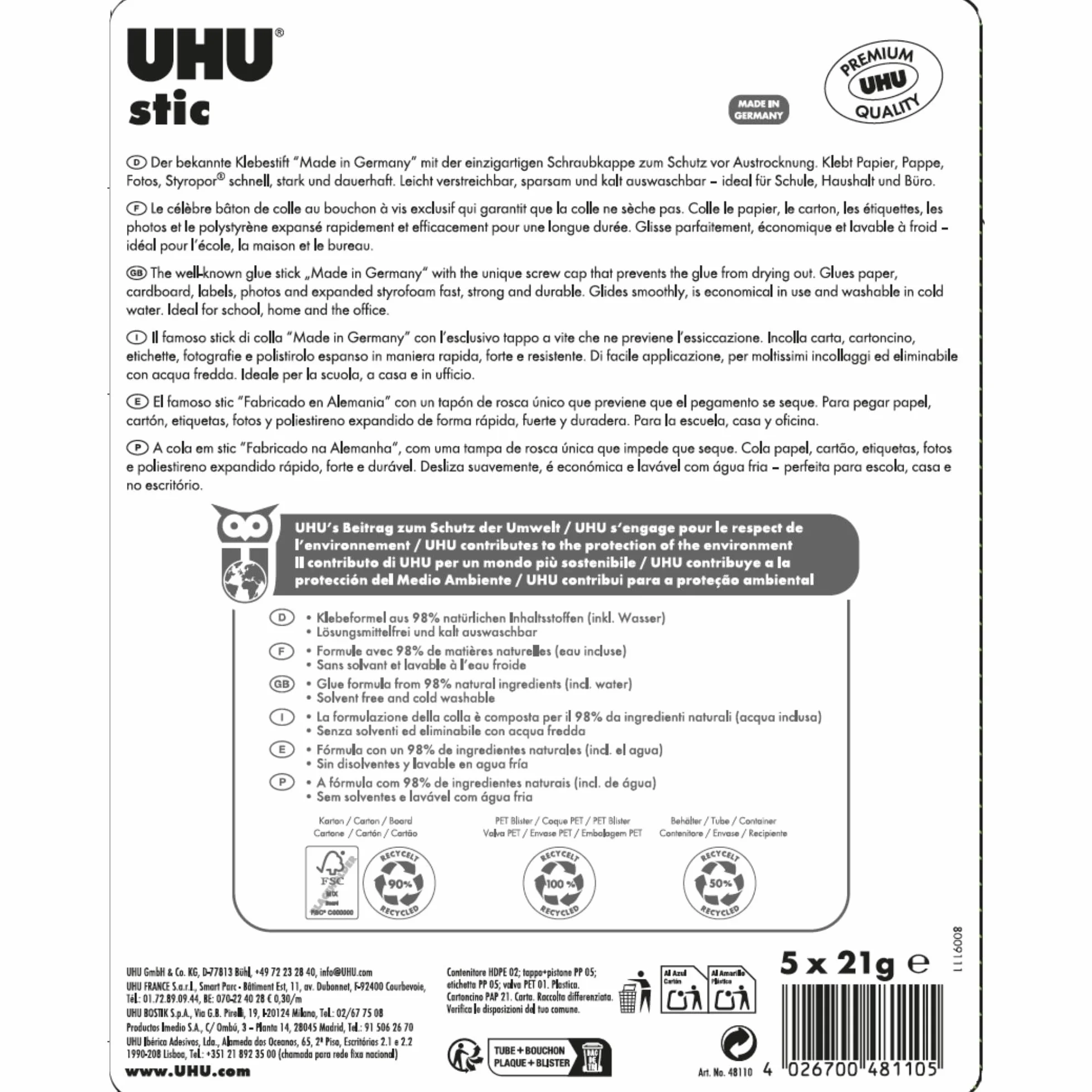 UHU Stic Bâton de Colle Sans Solvants Colle Enfant Lot de 5 x 21 g