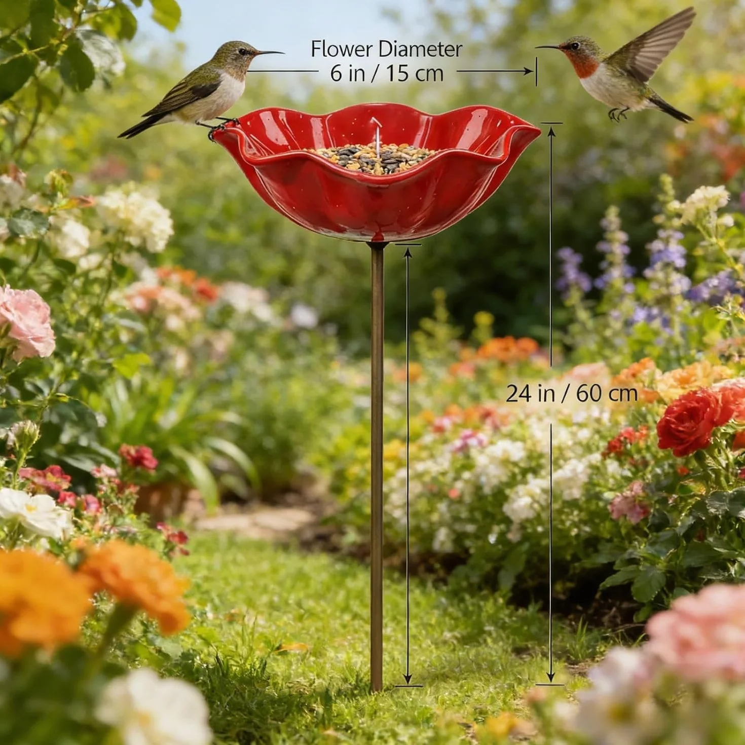Bain d'abeilles en Métal Fait à la Main Piquet de Jardin Mangeoire à Eau avec Station d'eau pour Décoration Extérieure (Rouge-3PCS)