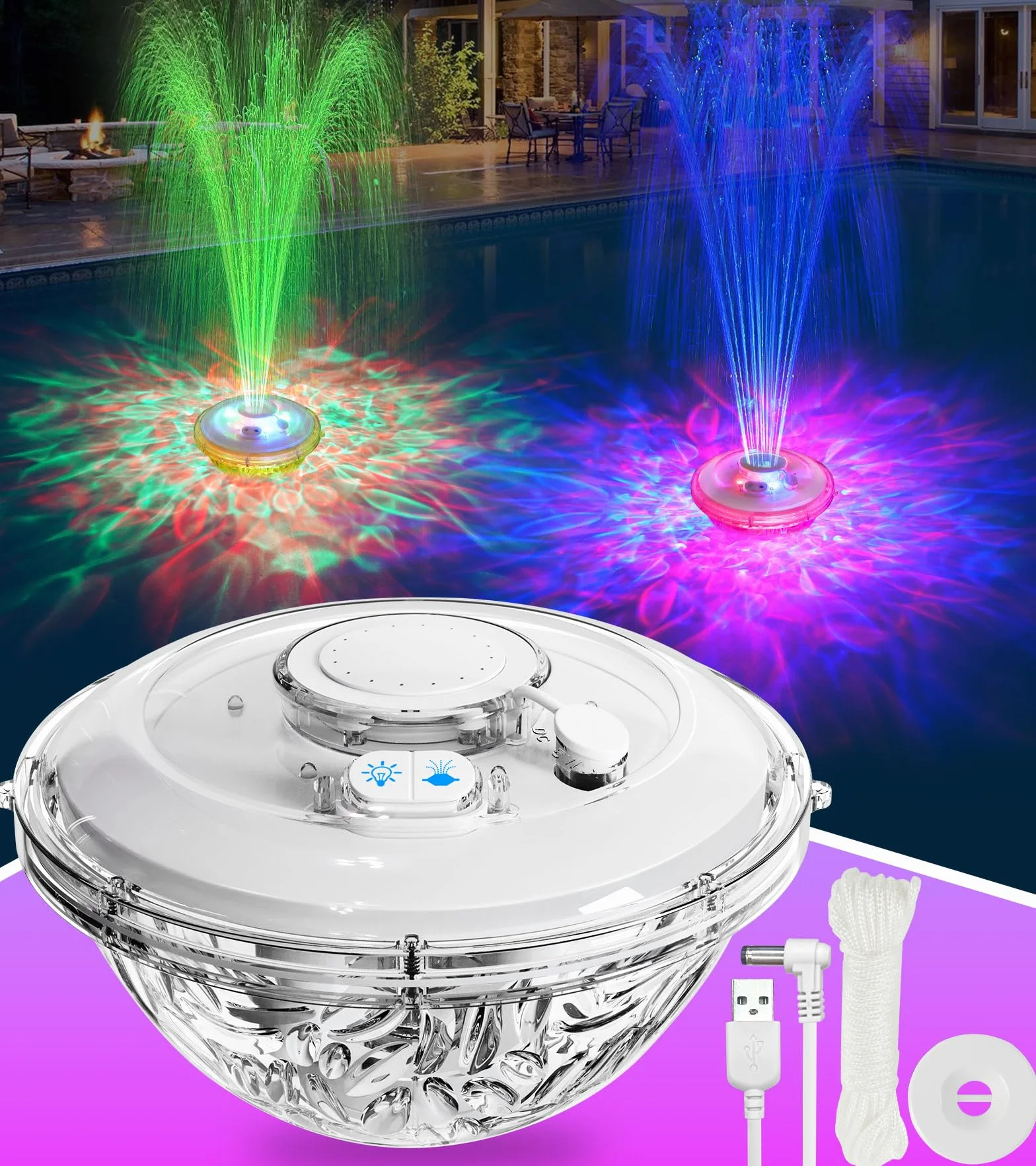 Fontaine Flottante Piscine avec Lumière Rechargeable, 2026, 6 Modes d'Éclairage, pour Piscine Hors Sol