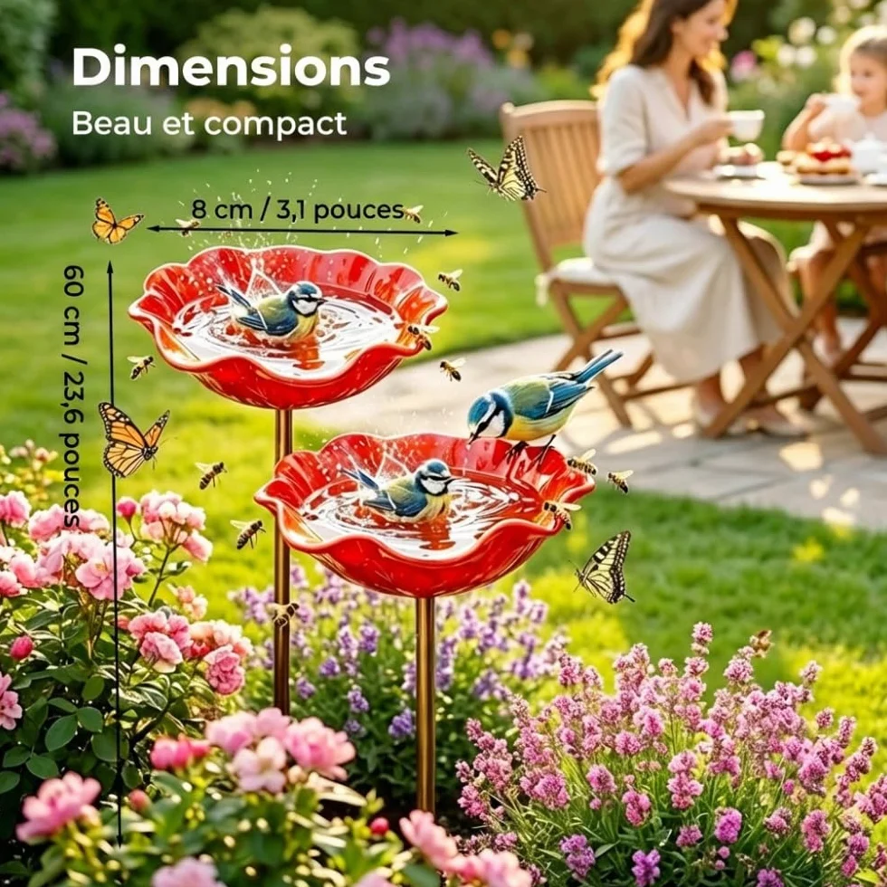 Mangeoire Oiseaux Exterieur en Fonte, Abreuvoir Bain Oiseaux Hauteur, Decoration Jardin (Rouge 2 Pcs)