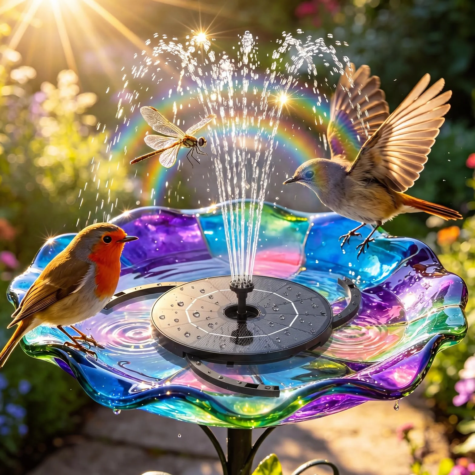 Fontaine Solaire Exterieure de Jardin 2,8W 2 en 1 avec Panneau Solaire Amovible Support Fixe 6 Buses