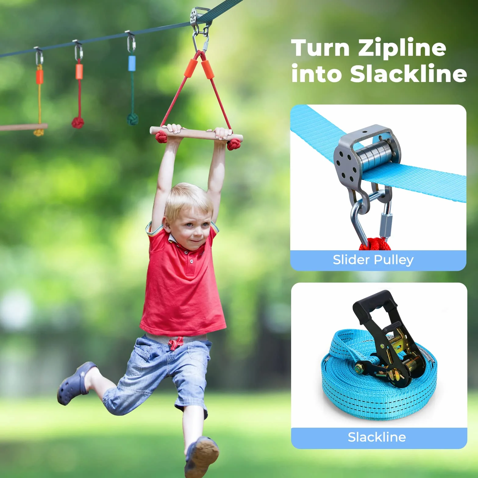 Hapfan Parcours Ninja Enfant Exterieur,15m×2 Slackline avec 8 Obstacles à Suspendre Mixte,Slackline kit Parcours d'obstacles à Suspendre en Plein air,Filet et échelle,Monkey Bar Kit pour Enfants