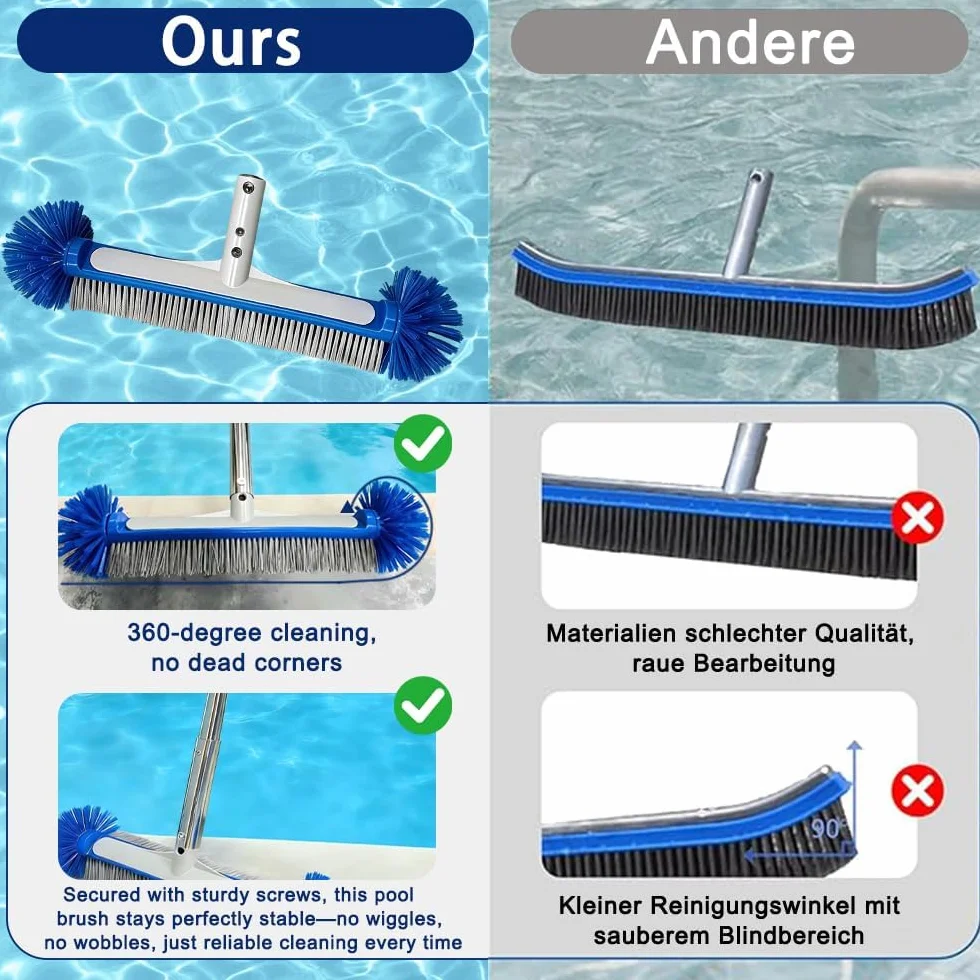 Brosse de Piscine avec Tige Télescopique 194 cm, Tête de Brosse 43 cm, Perche Amovible Acier Inoxydable