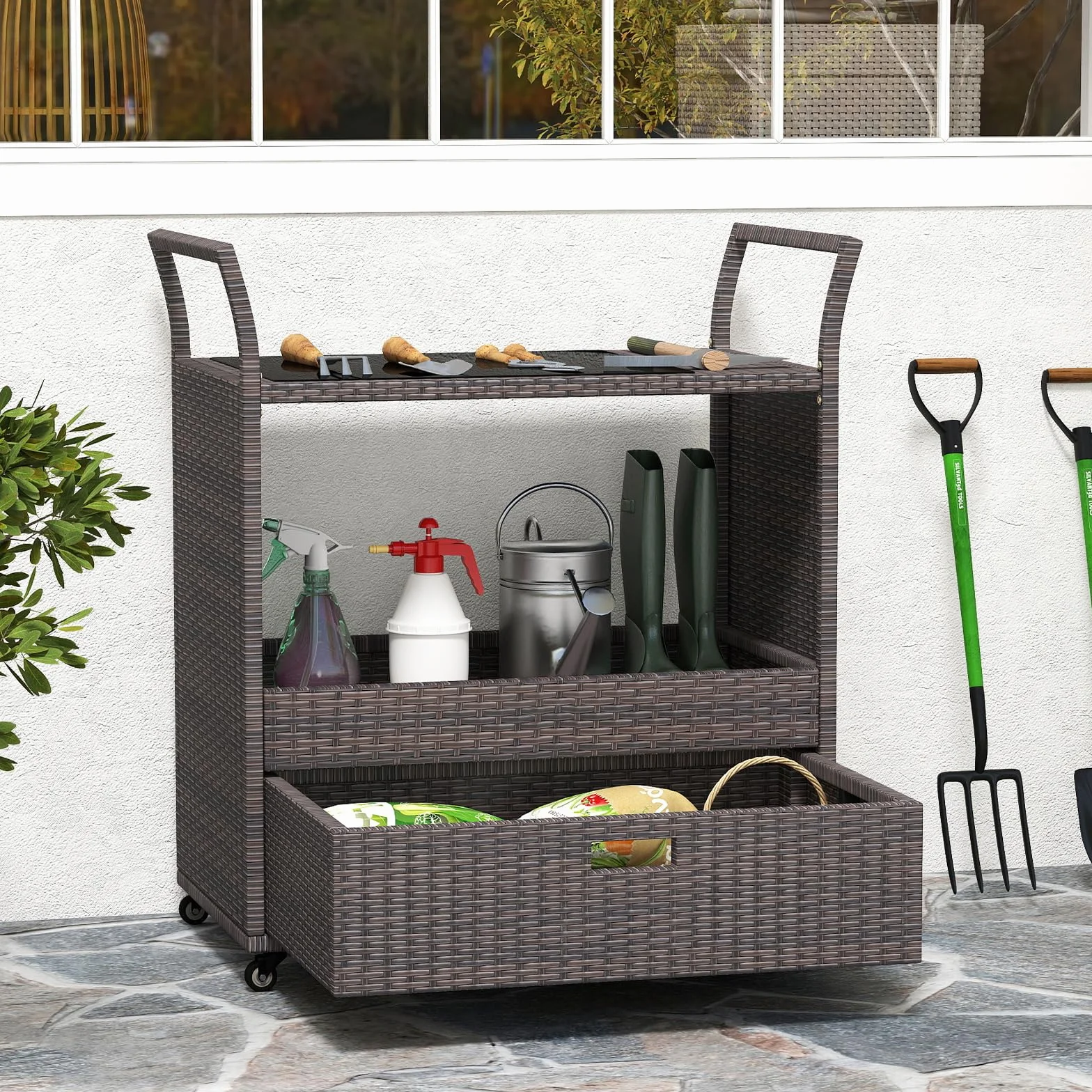 COSTWAY Chariot de Bar Extérieur en Osier avec Plateau en Verre Trempé, Table Roulante pour Jardin