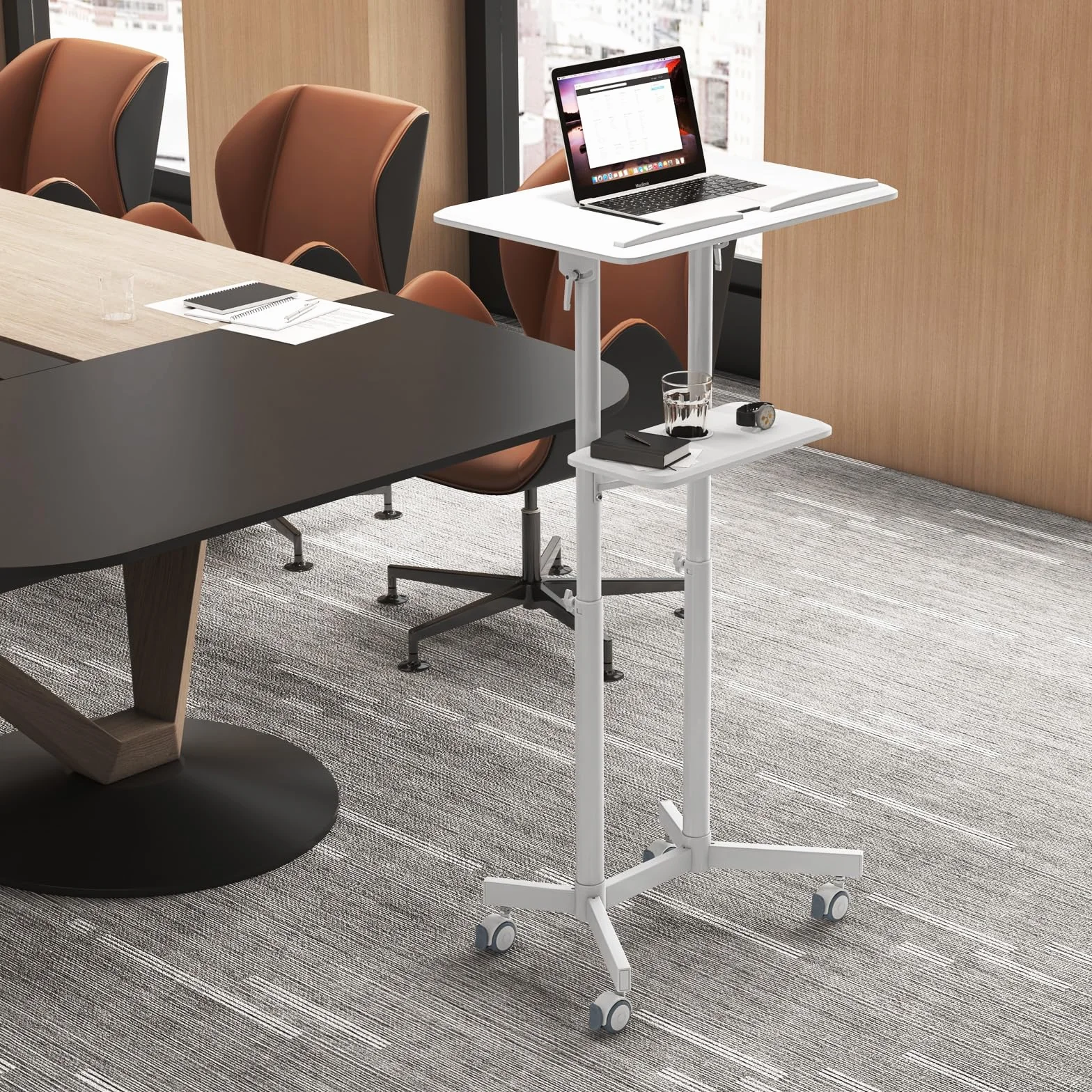 GYMAX Pupitre Mobile avec Roulettes Verrouillables, Hauteur Réglable 104-128cm, Plateau Inclinable Bureau Assis-Debout (Blanc)