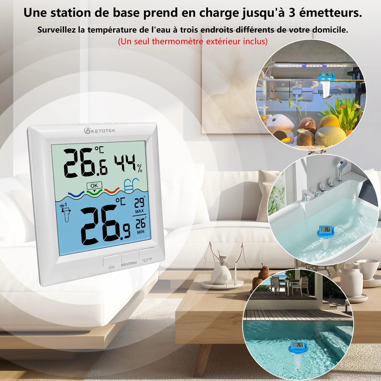 KETOTEK Thermomètre de piscine sans fil IPX8 étanche numérique flottant