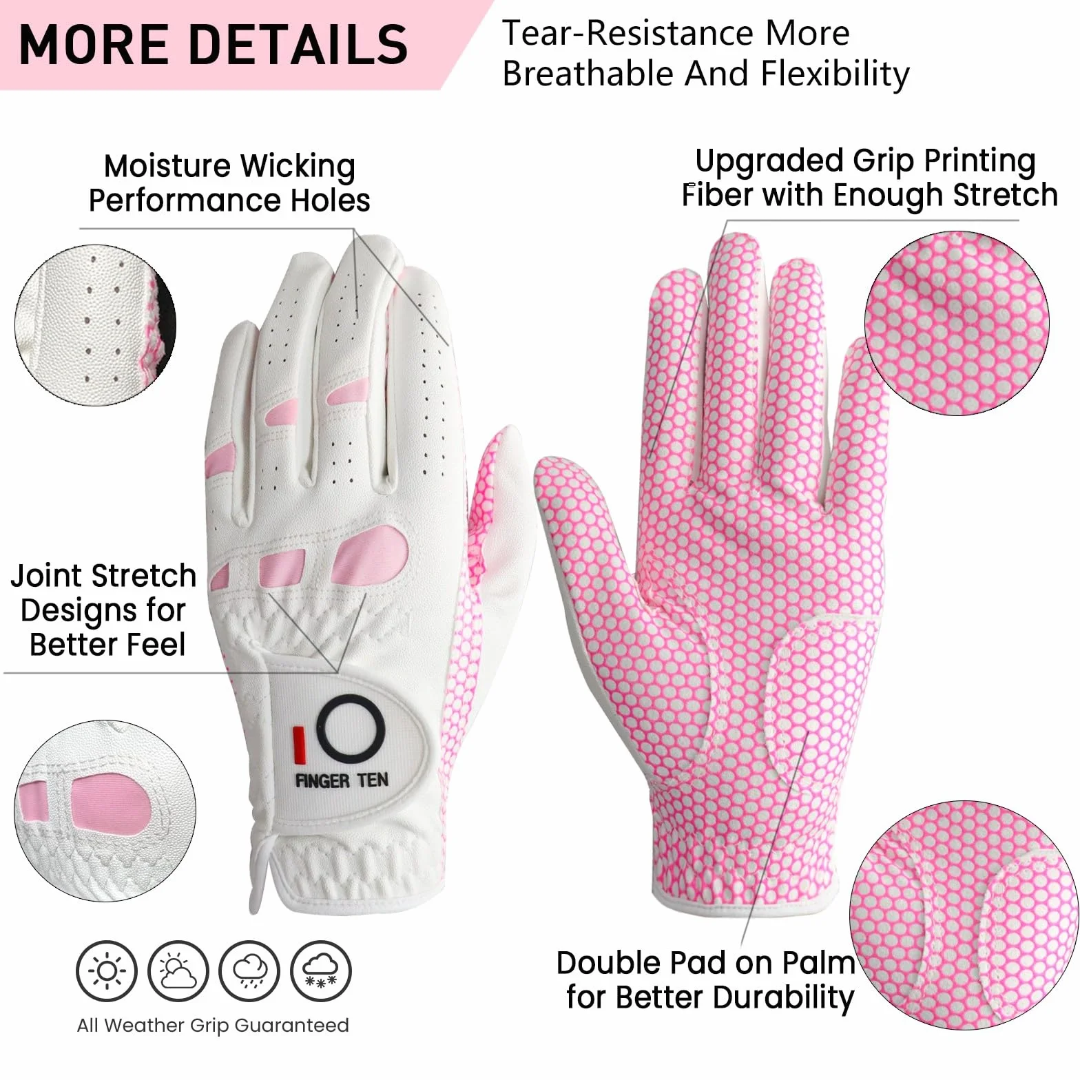 FINGER TEN Gants De Golf Femme Synthétique Pluie Poignée 3 Pack