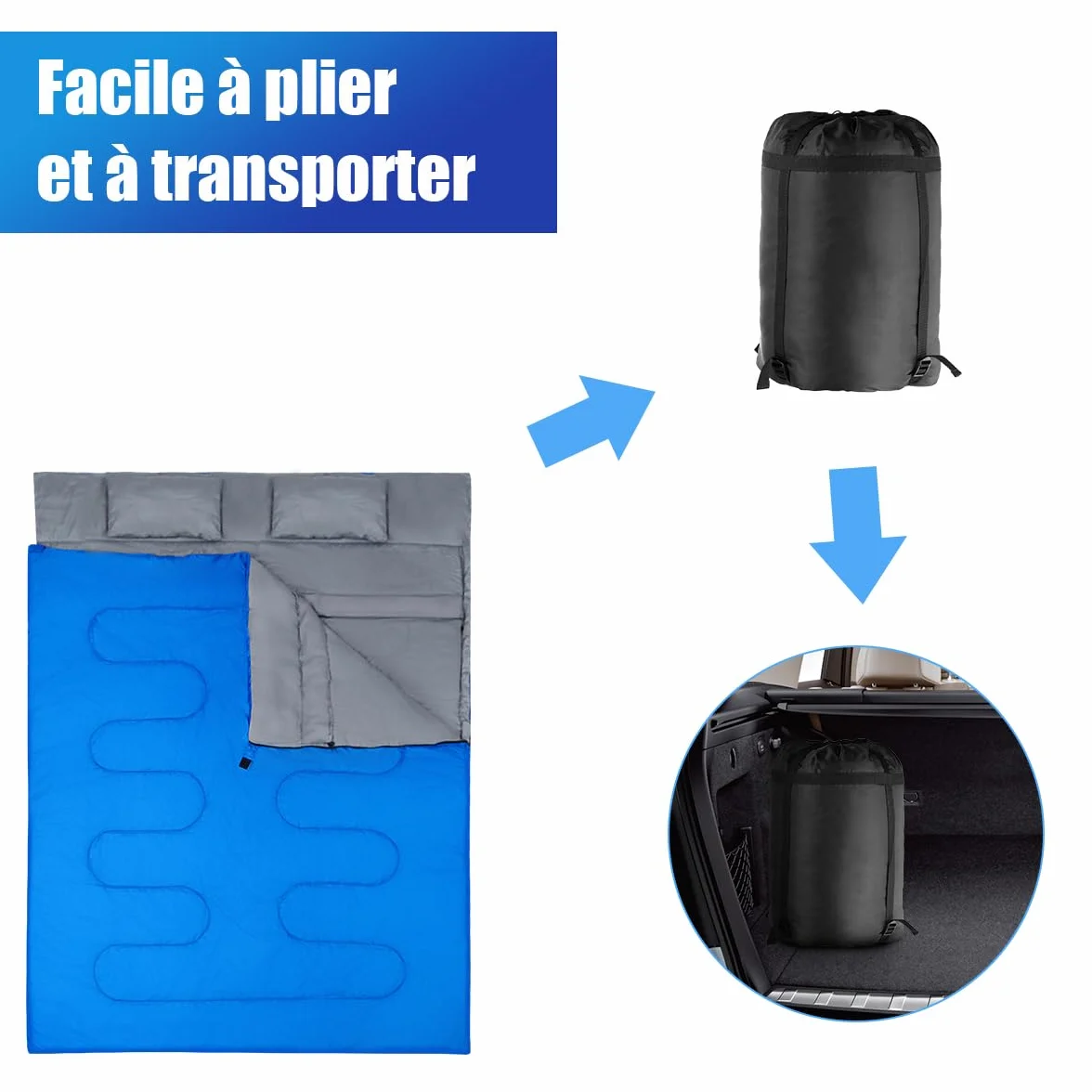 GYMAX Sac de Couchage Adulte 220 x 150 cm, Séparable pour 2 Personnes avec Oreillers, 2 Modes d'Utilisation, Pratique avec Fermetures Éclairs, Design Léger et Étanche, pour Camping, Randonnée