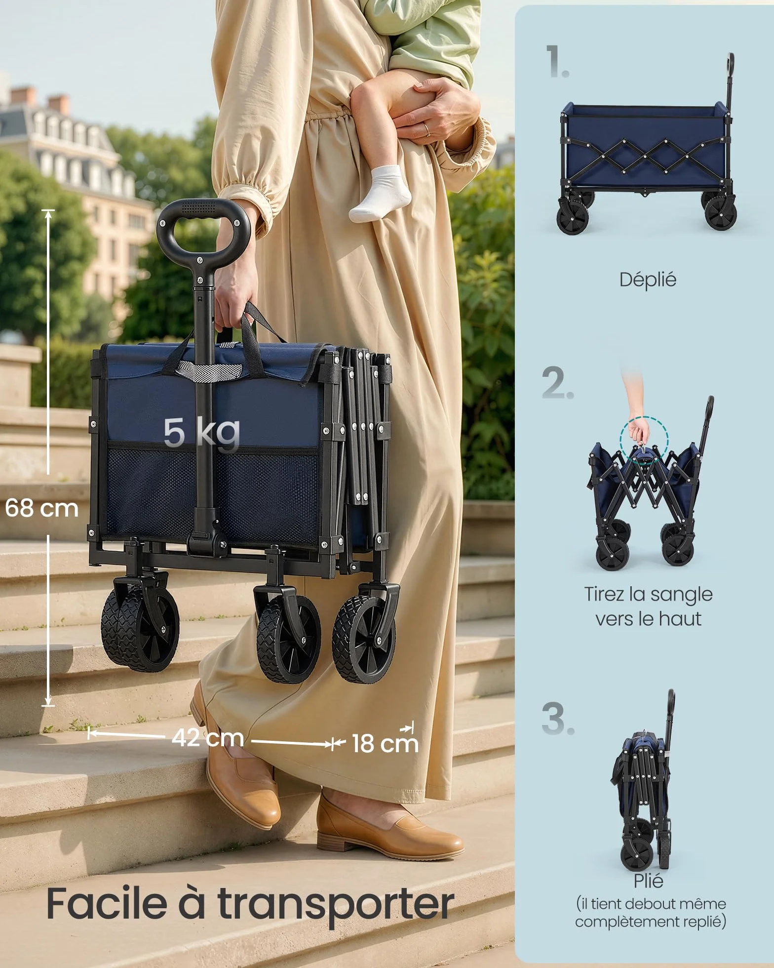 SONGMICS Chariot de Transport Pliable, Compact, 4 Roues Renforcées, Charge 180 kg, 90 L, Bleu Minuit