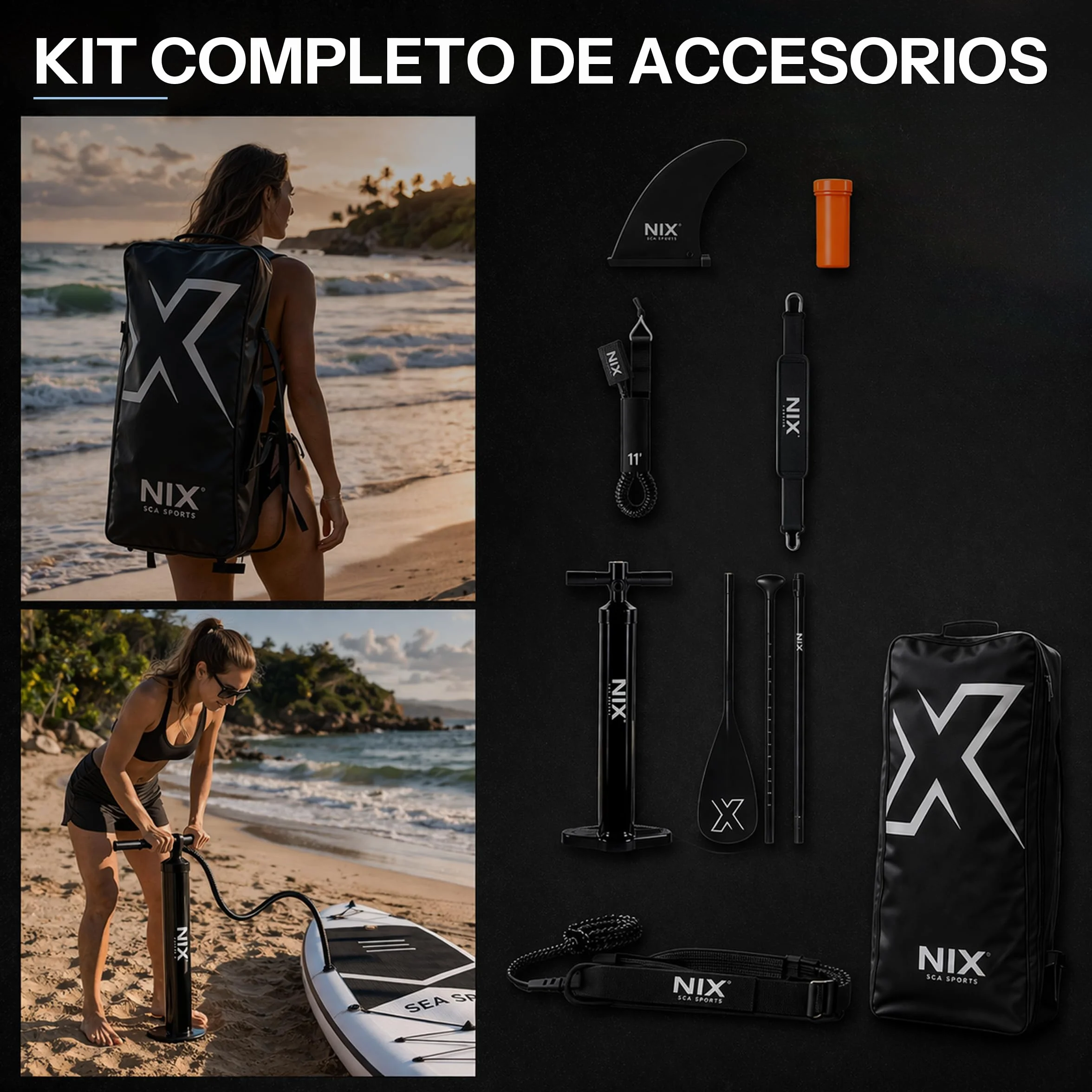 Nixsea Planche de paddle gonflable 335 cm Sup Allround avec accessoires, antidérapante, quille amovible, paddle surf adulte jusqu'à 159 kg